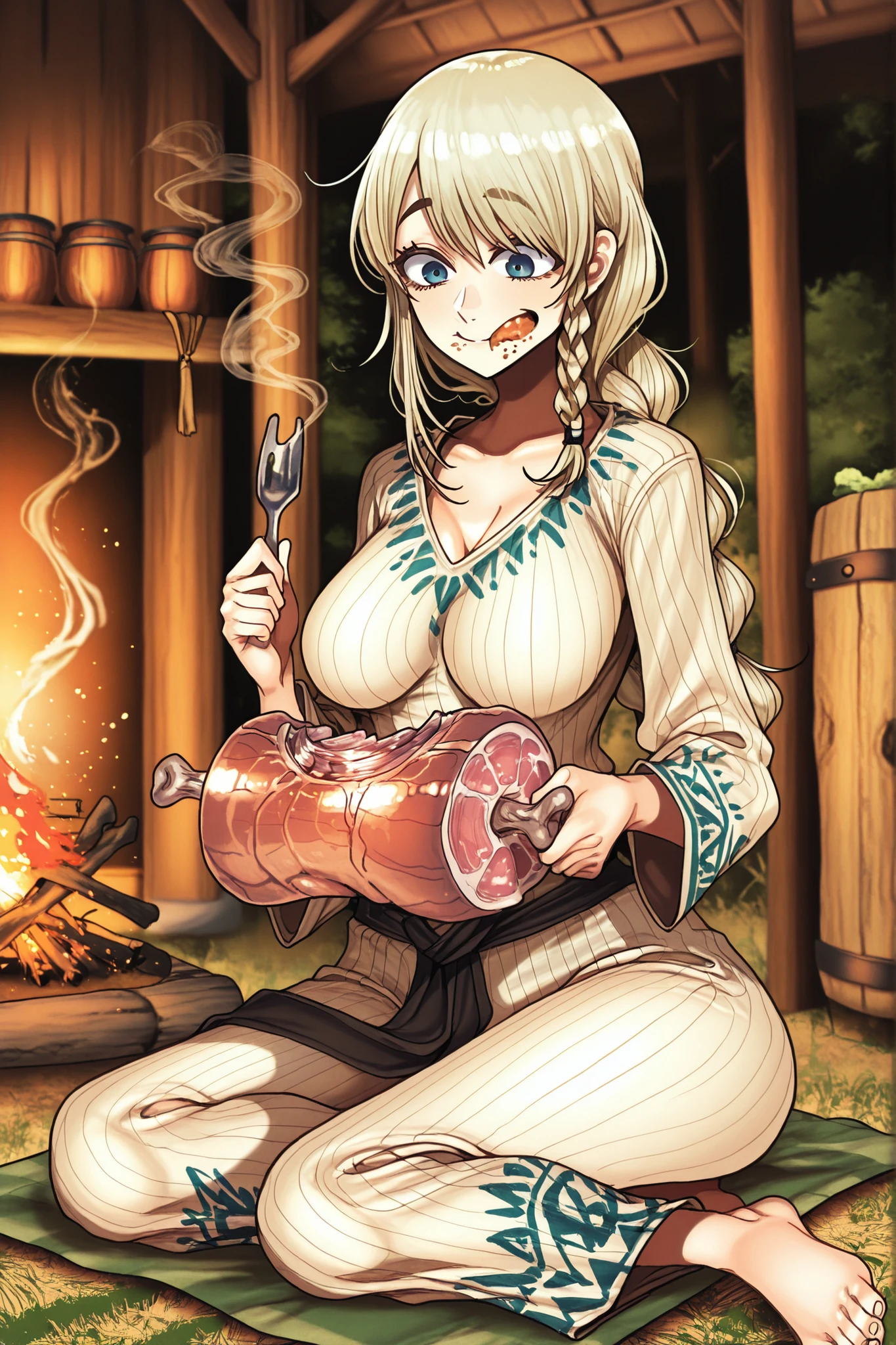 1girl, Caucasian woman, piel clara, long braided hair hidden under blond, thick blonde eyebrows, blue eyes, blonde eyelashes, medium breasts, medium hips, cintura delgada, culo grande, wearing a plain cloth blouse (, without modern bra), barefoot, sitting on the floor in front of a fire, holding cooked meat with both hands and eating, sunset lighting, warm glow from the campfire, calm expression, tribal environment , minimal jewelry, smoke rising softly