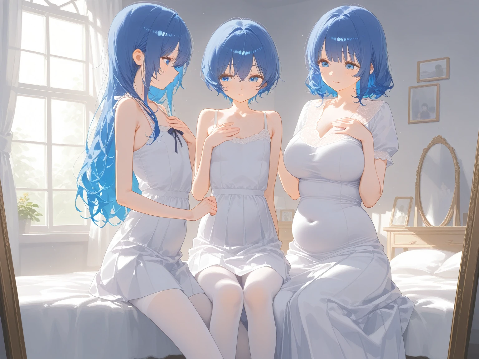 masterpiece, best quality, high quality, beautiful anime character, three girls, anime girls with blue jelly hair, slime hair, long slimy hair, bangs, blue eyes, big breasts, mature slime females, tall slime females, big slime girls, thick, (naughty face, mischievous smile, loving eyes), indoors, ((slime girls, entire body made of slime, transparent blue jelly body, blue-skinned slime girls, blue skin, jelly skin)), (girls made of blue slime)), full body, bed, sitting, (3 huge girls, three girls in one frame), 