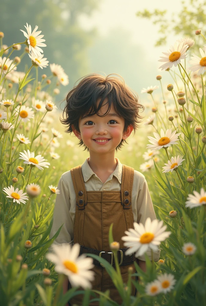 A little friend,Stand under a big tree,There is a rainbow in the sky in the distance,frontage,The little boy holds a rainbow windmill