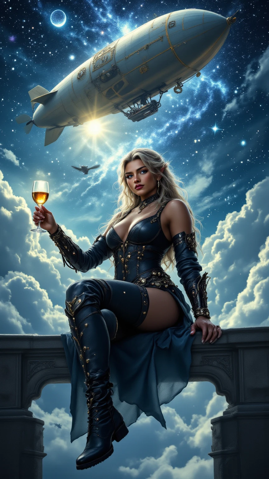 ((best qualityer)), ((work of art)), (detailded), Goddess Freya, beautfull woman, blonde, Attractive woman, voluptuous, slim, busty, Broad Hips, wide thighhighs, clear eyes, short in stature, freckles on the face, viking outfits, holding a mug of beer, wielding a spear