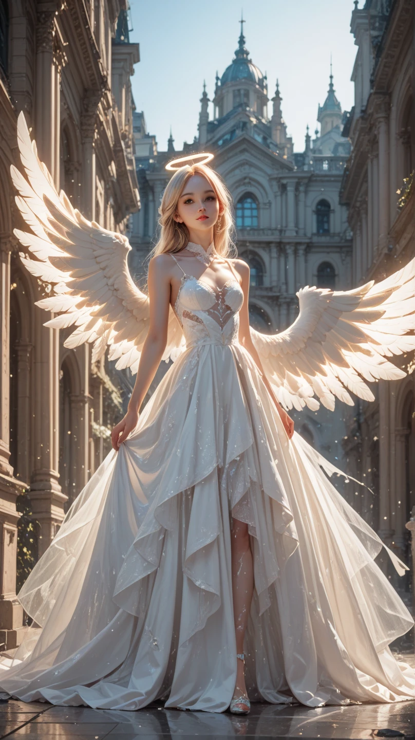 ((Highest quality, 8k, masterpiece: 1.3)), One girl, Slender beautiful angel: 1.3, (Long Hair: 1.2), Very thin dress, Big Wings, Angel Halo: 1.1, whole body