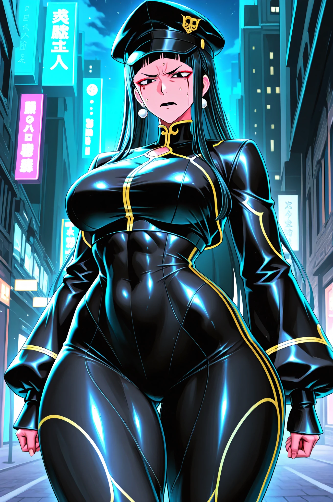 professional artwork, Intricate Details, field of view, sharp focus, detailed painting, photorealistic lighting, trending on pixiv, (masterpiece:1.0),(best_quality:1.0), ultra high res,4K,ultra-detailed, photography, 8K, HDR, highres, absurdres:1.2, Kodak portra 400, film grain, blurry background, bokeh:1.2, lens flare, (vibrant_color:1.2), exquisite character design 8k unreal engine,
Annerose, 1girl, female mature, ((plain black hair:1.5), long hair), yellow eyes, large breasts, bodysuit, shiny clothes, skin tight, hair intakes, covered breasts, pose invited, looking at viewer, sideboobs, happy,
simple plain background, (solo:1.5), KyStyle