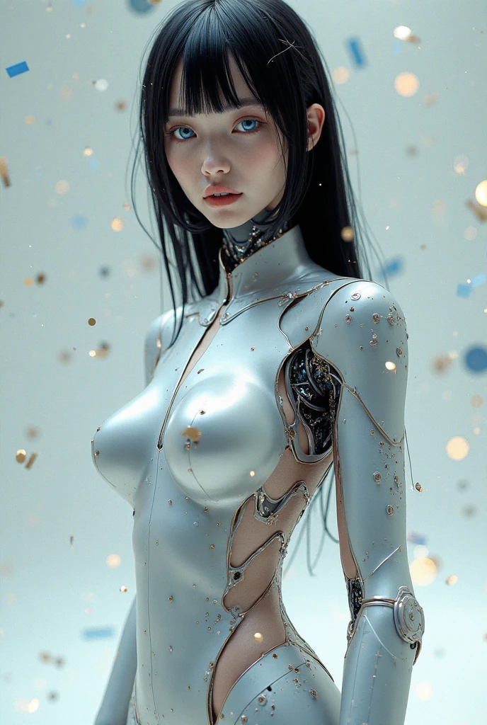 teens girl　(Cinematic Digital Artwork: 1.3), High quality, masutepiece, of the highest quality, Super Detail, Illustration, [4K Digital Art]、(Moody lighting:1.2), depth of fields, Bokeh, 4K,、silber hair、seductiv、((Liquid metal body))、(((The whole body is wet with sticky liquid metal)))、Subduction into liquid metal、sprawl、Shiny Silver Bed、trembling,Sweat,sweat drop,heart mark,(SPEEDLINE:1.1),Colossal tits, ((Heavy breathing:1.3)), , Little devil smile, Angle from below、、POV