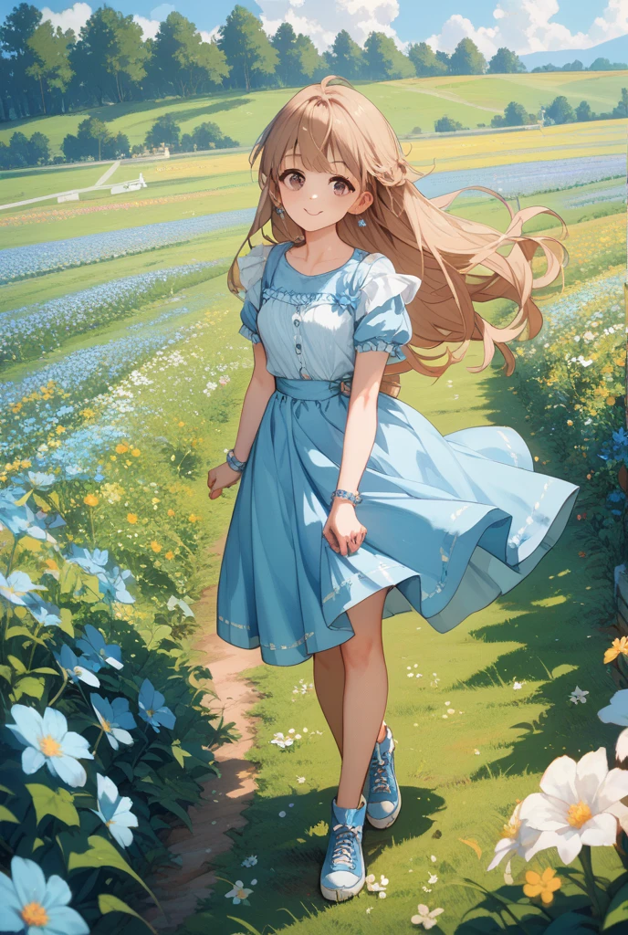 anime girl, beautiful 20 year old girl, Is standing, a beautiful flower garden, perfect lighting, blue sky with clouds, front view, Angle from below, wide, wavy brown hair, horse's tail, detailed eyes, turquoise eyes, Red lips, shy smile, blush, beautiful face, full and detailed body, , perfect , delicate hands, navy blue lolita dress with ruffles, her skirt is blown up completely by the wind, Fully  , pink lace , elegant sneakers, blue sneakers, greeting the viewer 