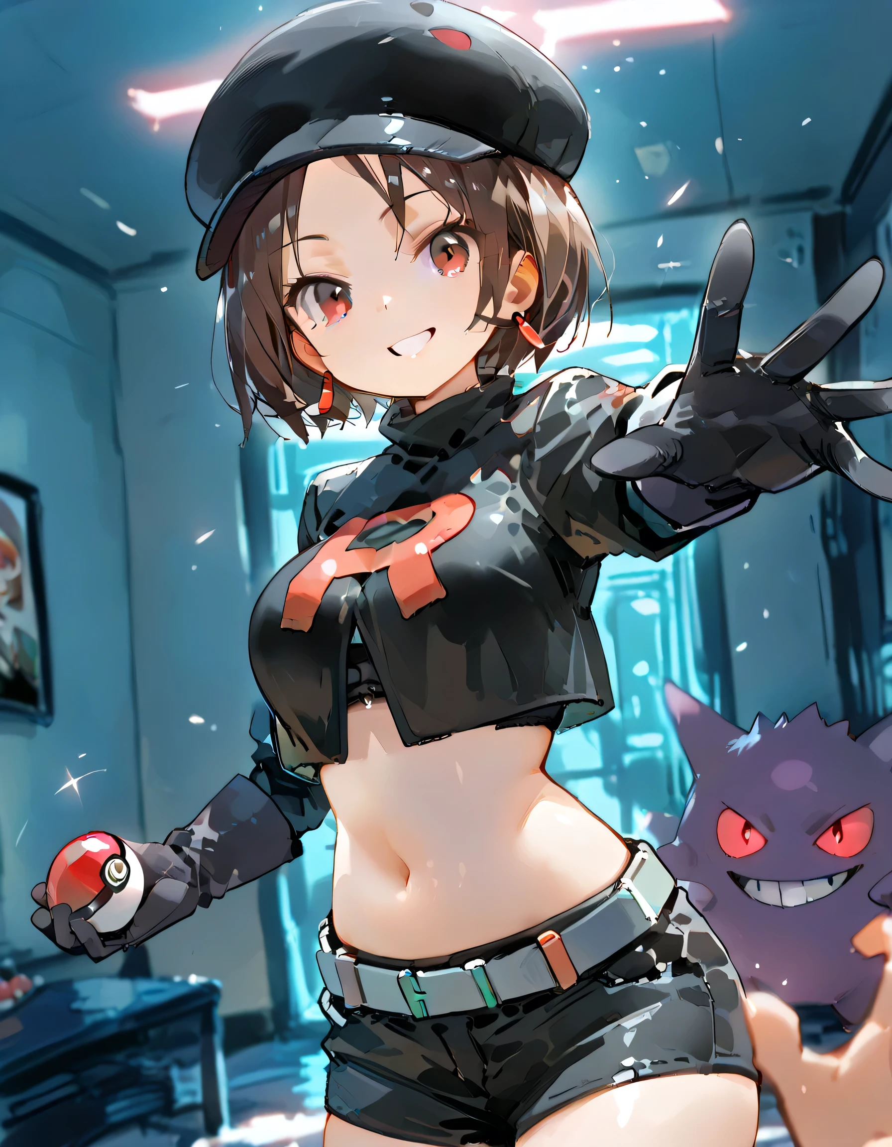 sideview+,(looking at viewer),1girl,grin, brown very short hair,(parted bangs), slant red eyes,black cropped cap,midriff tops, navel,depth of field, fake traditional media, Picturesque, Impressionism, masterpiece, high score, Great score , very high resolution highlights (masterpiece) , (Best Quality)) , (Super Detailed),Beautiful detailed face ,perfect 5 fingers , perfect human structure , Perfect Anatomy ,beautiful neon light effect,beautiful breasts, Detailed,Team Rocket,Team Rocket uniform,black cropped pants,gray belt,short black top,black thigh-length stockings,black gloves, background is a secret base,dark room,holding pokeball, reaching out,dynamic pose,(with gengar(pokemon))