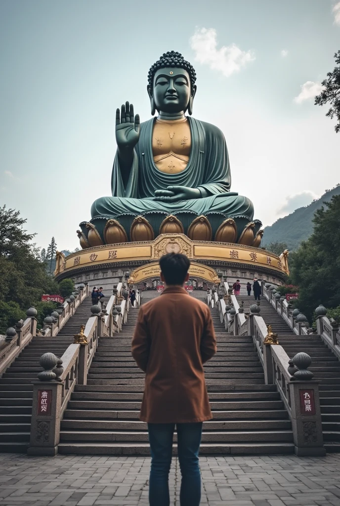 A tourist photo,Photo with Leshan Giant Buddha,Anime style