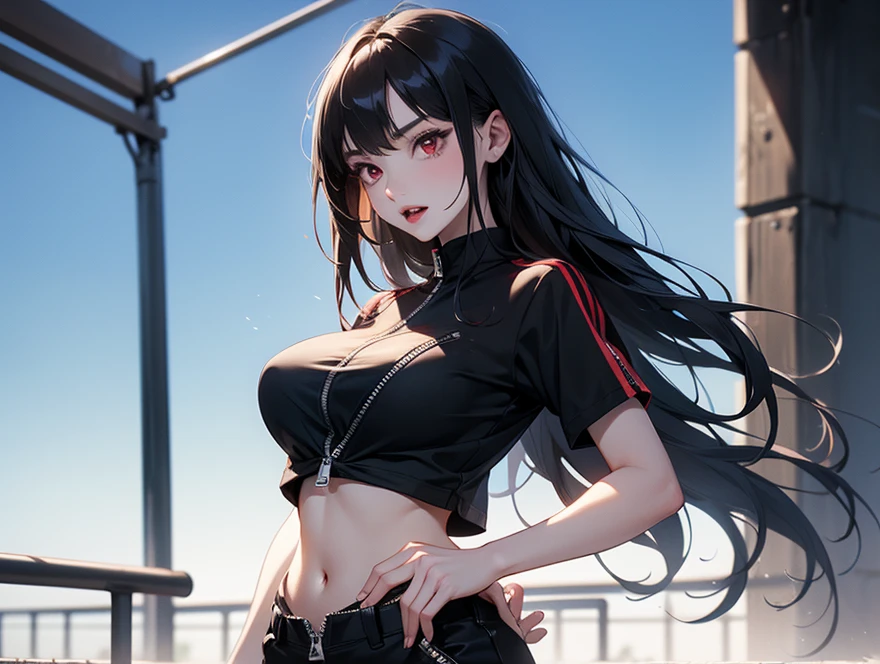 1girl, absurdres, high res, ultrasharp, 8K, masterpiece, anatomically correct, looking at viewer, human, thighs, breasts, huge breasts, crop top, minishorts, black hair, long hair, red eyes, underboob, piercing, naval piercing, mouth piercing, ear piercing, blush, transparent