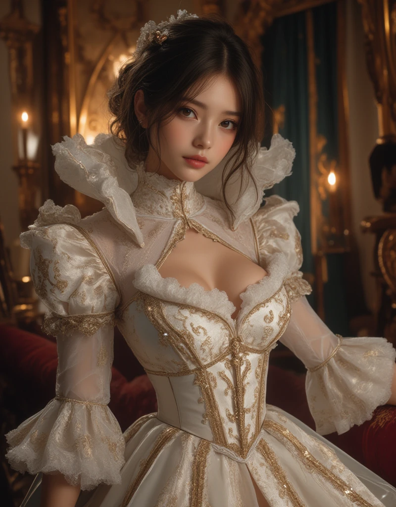 Traditional English Dress at Buckingham Palace: Wearing a Victorian-style ball gown with an ornate bodice and full skirt, the young woman stands before the gates of Buckingham Palace. The grandeur of the royal residence and its gilded decorations set the stage for her stately pose. (having beautiful breasts: 1.33), (having clothes: 1.77).