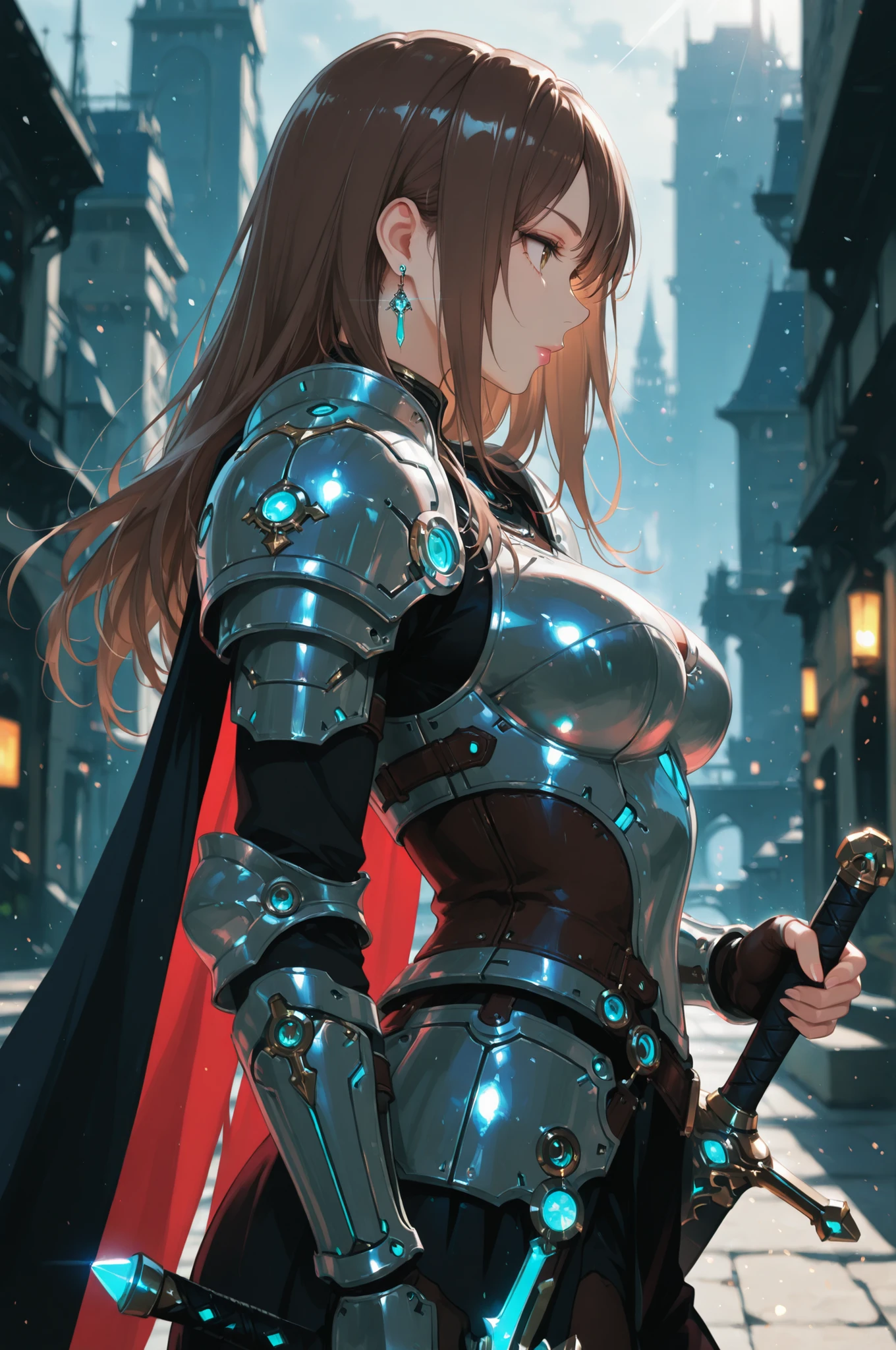 masterwork, masterpiece, best quality, dynamic lighting 
1girl, weapon, sword, solo, armor, holding, holding weapon, holding sword, earrings, cape, jewelry, blurry background, shoulder armor, brown hair, blurry, , , long hair, , lips, pauldrons, profile, science fiction, outdoors, from side,