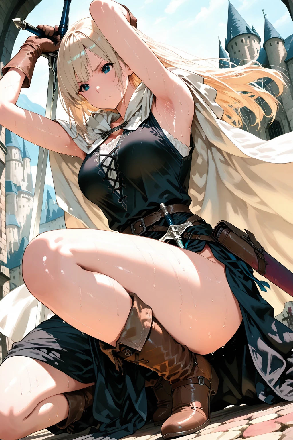 Ultra-high definition image quality、beautiful girl、Female Swordsman、Light Armor、Greeboots、Long Hair、blonde、20-year-old、have confidence々face、Very short tight skirt、Sexy stance、Cowgirl、wilderness、Highest quality,Big Ass、Big Breasts、Thighs、Grasping the hilt of the holy sword Excalibur、Pure white, luxuriously decorated panties、Jump with big strides and kicking off with your feet、Joan of Arc style clothing、Wind King Barrier、Her hair is fluttering in the wind、The Sword of Promised Victory、god々Wearing a new aura、Big Ass、Valkyrie the War Maiden、Crotch close-up、Angle from directly below