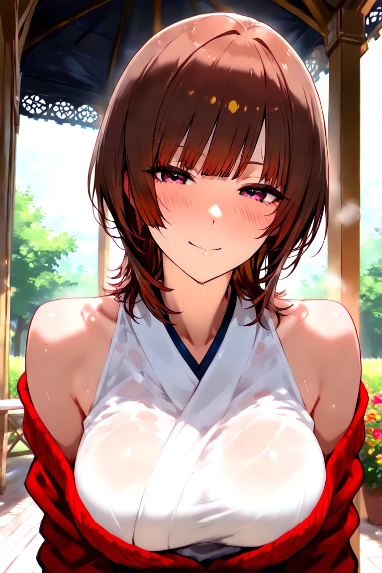 (score_9,score_8_up,score_7_up,score_6_up),masterpiece,best quality, source anime, rating_explicit, (((masterpiece))), (((best quality))), ((ultra-detailed)), ((illustration)), (1girl), (beautiful Japanese woman), (long black hair), (brown eyes), (simple background), (wearing traditional kimono), (detailed face), (perfect anatomy), (detailed light and shadow), (lighting forward), (serene expression), (minimalist style),(cleavage:1.1),((shy smile)), (eyeshadow:0.8), digital collaring, (Sun glare;1.2), Bokeh, Depth of written boundary, Blurred Background, Particles of light, Strong winds, glossy skin, spot light