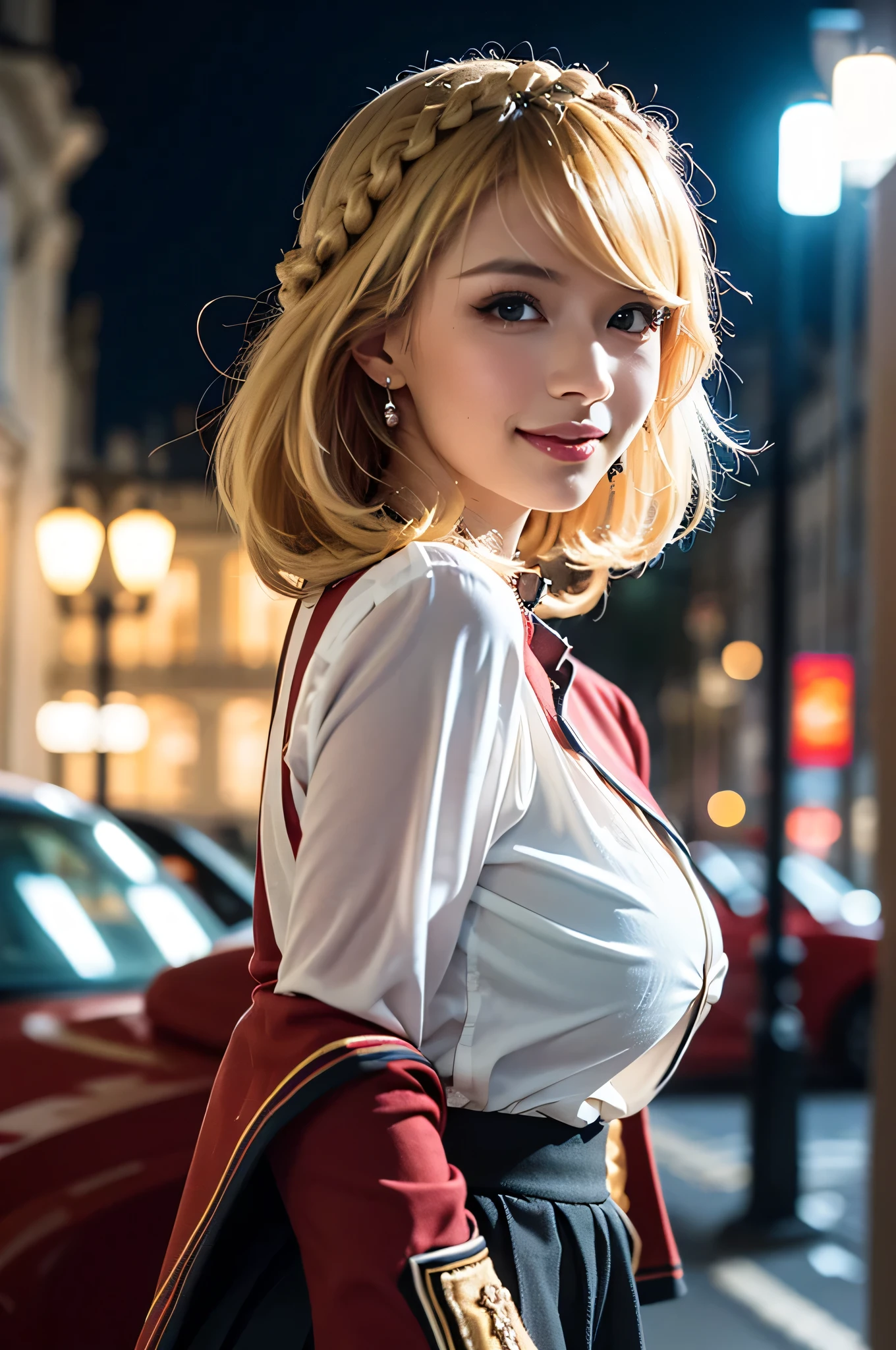 ((top-quality、masutepiece、hight resolution))、(Zoom photo from the front:1.85、Pose inviting a man、On the street at night、Groomed bangs、short-hair、Blonde hair、Small cleavage、Cute smile:1.45)、beautiful girl santa、kawaii faces、Black tights、(((Santa Costumes)))