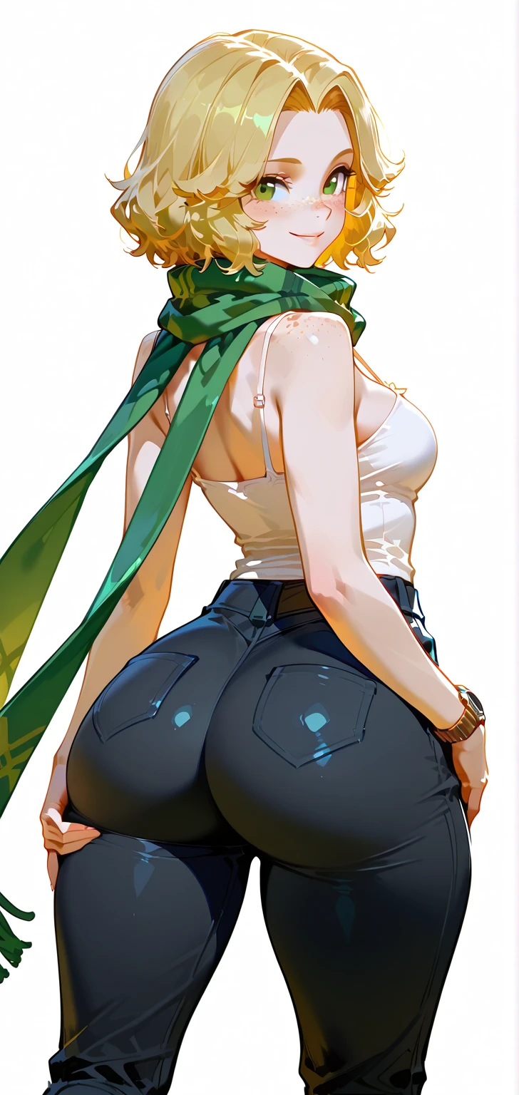 masterpiece, best quality, Roxanne fluffy dog ears collar WEARING green vest, open-back, green pants, boots, black hairband, collar, off-shoulder shirt, cleavage,, looking at viewer, large breasts, ass, smile, woman beast, very fluffy very long dog tail, dog tail starts immediately above butt, dog tail starts from skin, entire dog tail visible, short hair, flushed skin, blushing face, red cheeks, lewd smile, closed mouth, long legs, no ears