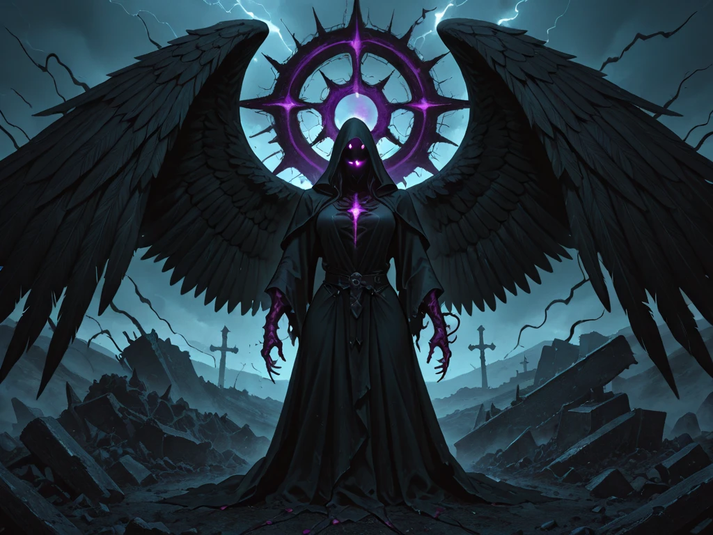 long shot, full body of mask assassin seating on a thrown, eyes glowing red, wearing a halo crown and wearing black and white clothes, crucifix cross with wings in the background, high detail, wide shot, 4K, 3D, REALISTIC, (iridescent glow smoke), UHD, 32K, very bold neon colors, black light, neon light