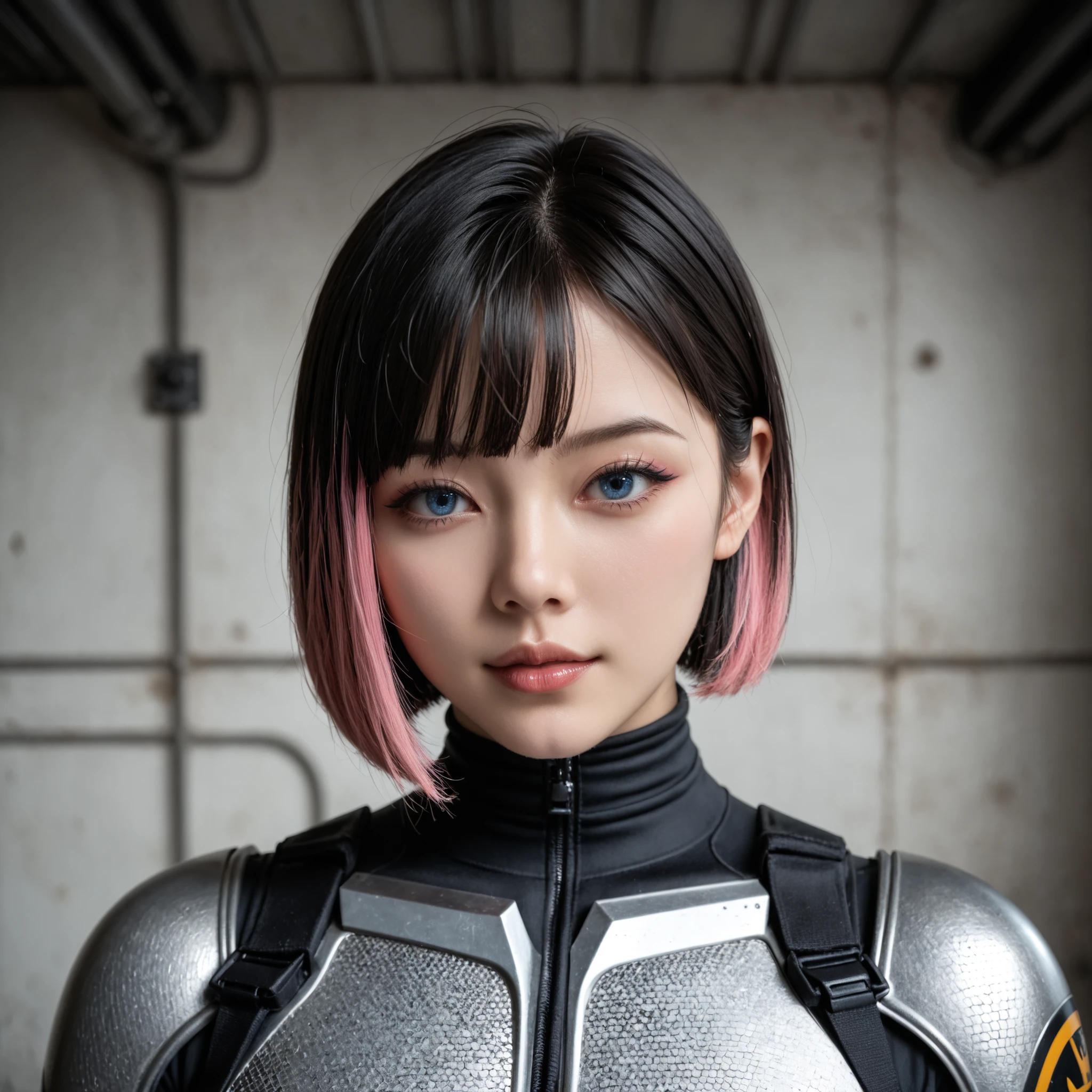 (8k, photorealistic, RAW photo, top quality: 1.4), (1girl), super beautiful, (realistic face), (boyish, silver-colored berry short hair), beautiful cyberpunk suit, glares seducing viewer, beautiful expression, beautiful breasts, (realistic skin), beautiful smile, (soldier), attractive, ultra high resolution, ultra realistic, high definition, spoiled