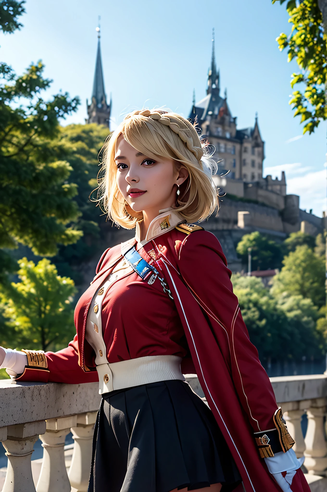 Girl, Young and handsome, tall and beautiful,Bridge, red clothes, red_Skirt,high heel,Lift your legs,Upper part of the body, sock, barefoot, jewelry, alone, braid, fall asleep, black fur, bracelet,((((open legs)))),(((Ultra-thin legs))), provided,Surrealism,((white gloves)), slight smile,