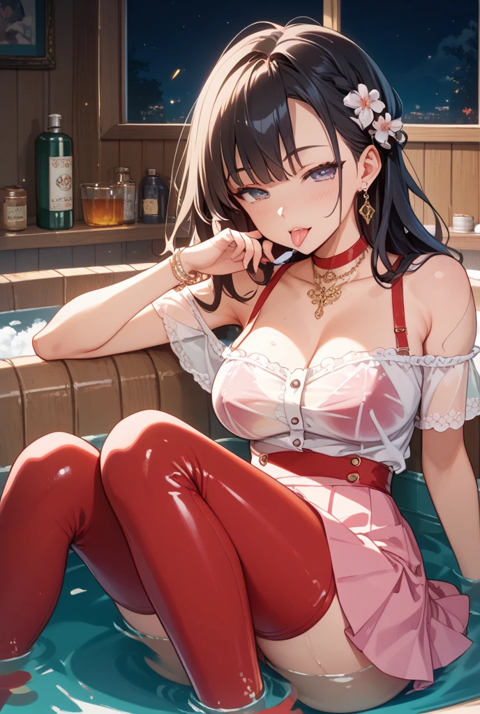 (from above:1.1),(from side:0.9), ((Face)), (Close-Up:0.4), masterpiece,"A 26-year-old girl stands at a bar counter. She is dressed in a stylish off-shoulder dress, sweater dress, off-shoulder sweater, red sweater,garter stocking, midriff, red skirts, black thighhighs, thigh strap, pretty girl, (highly detailed beautiful face and eyes,firm breasts),real skin,((black,hair,long pony tail hair)),thin pubic hair,cute and lovely pose, detailed eyes, This masterpiece is only visually stunning but also tells,(double breasted:0.6,under bust:0.6,cleavage:1.1,),(small breasts:1.2),(perky chest:1.1), (pointed chest:1.3), medium hips, glamorous body,(with sparkling eyes and a contagious smile),open mouth. The bar is beautiful, with colorful bottles of alcohol in the background and a soft glow from neon lights. The atmosphere is relaxed, and the girl looks confident and fashionable.",full body, sexy pose,make a cocktail , in a bar counter, Looking at Viewer,