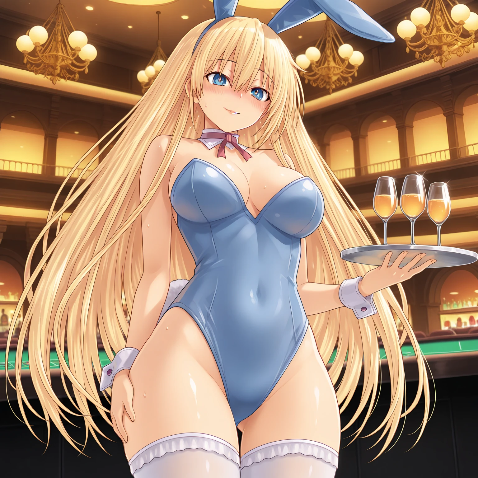 1girl, alone, minami fuyuki,masterpiece,best quality,highres,ultra-detailed,bbminami,long hair,large ,(rabbit ears:1.2),playboy bunny,casino,holding tray,embarrassed,blush,standing,large breasts, medium waist, wide hips, wide thighs, long blonde hair, violet eyes, earrings in the ears, excellent anatomy, excellent hands
