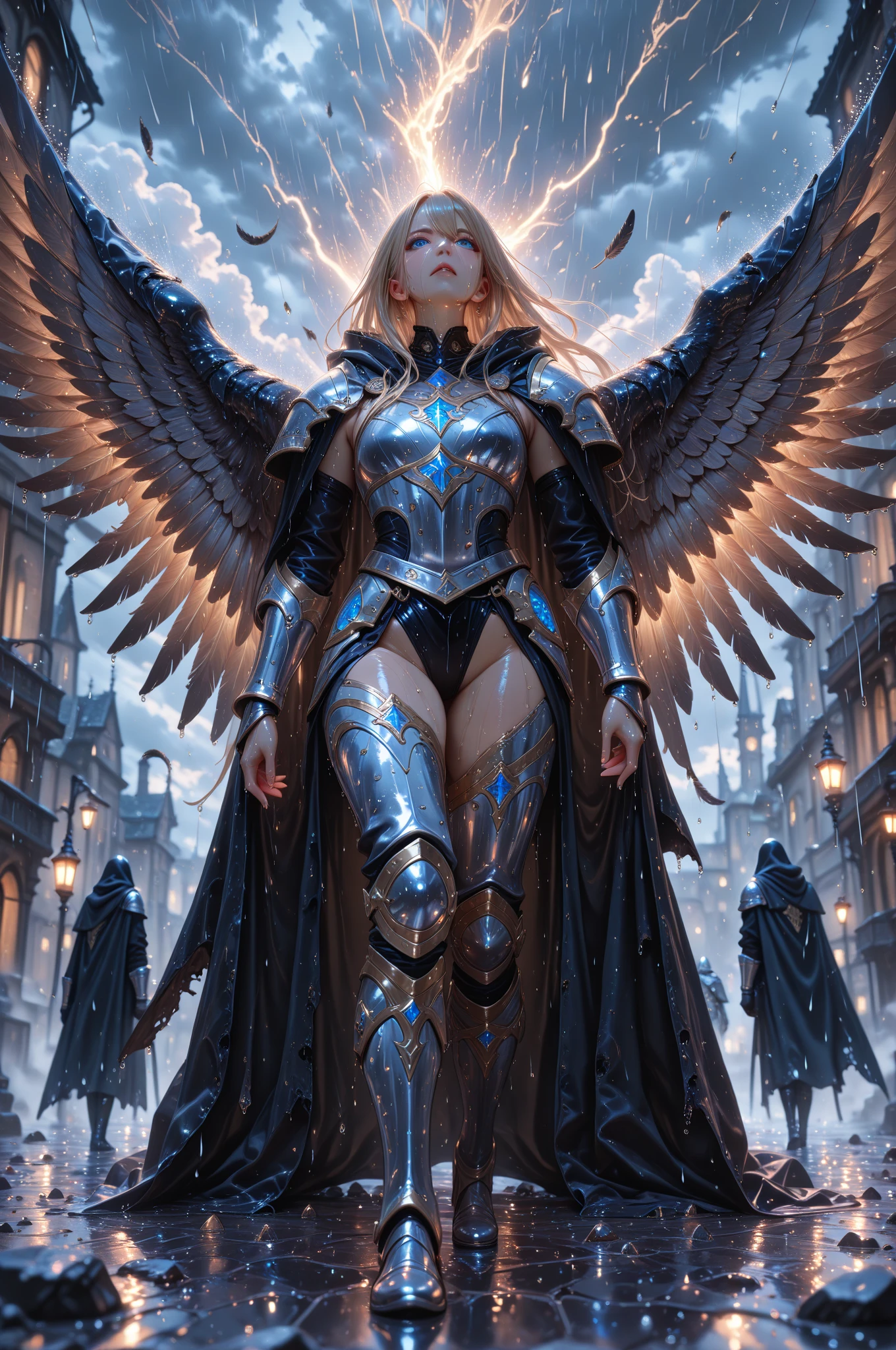 Lenneth from 'Valkyrie profile', BREAK: bright_gold_trimmed_sapphire_blue_plate mech4rmor, (boob window in armor), thigh cutout, long skirt, BREAK: standing, contrapposto stance, light smile, castle ruins, fluffy snow falls, BREAK: intricately detailed eyes, detailed face, detailed hands, cinematic lighting, moody atmosphere, (16k, absurdres, masterpiece, best quality), wings