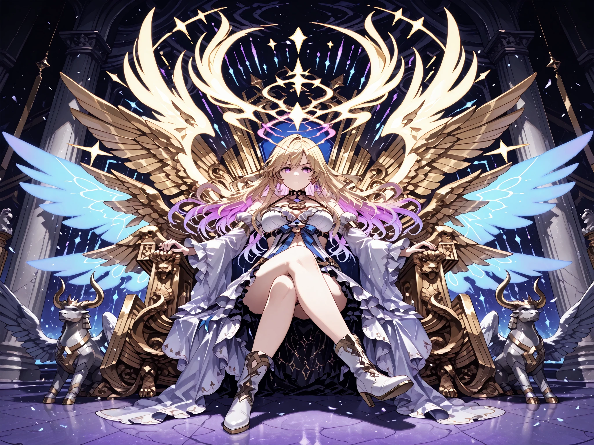 Highest quality、masterpiece、Ultra-high resolution、(Realistic:1.4)、RAW Photos、One Girl、((Ultra-Realistic Details))、Portraiture、Exquisite Japanese decoration、Very intricate details、Realistic Light、(Mystical Expressions), To the camera、Featuring a dominant female character seated on a central throne、Create dynamic and powerful scenes。She has long, flowing blonde hair with pink tips.、She wears a revealing dark outfit that contrasts with her white skin.。Her attire includes、Includes a white robe draped over the shoulders and high heeled boots。The expression of the character with his legs crossed is、Full of confidence and dignity。What surrounds her、With streaks of purple and Blue flame、Big, scary black wings.。Behind her is an intricate throne、Decorated with shining gold and Blue energy、It enhances the sacred and majestic atmosphere.。Abstract, futuristic structures stand in the background.、It adds a sense of grandeur and otherworldliness.。The color palette is、pink、Blue、Add some bright gold accents、Dark tones need to be emphasized。