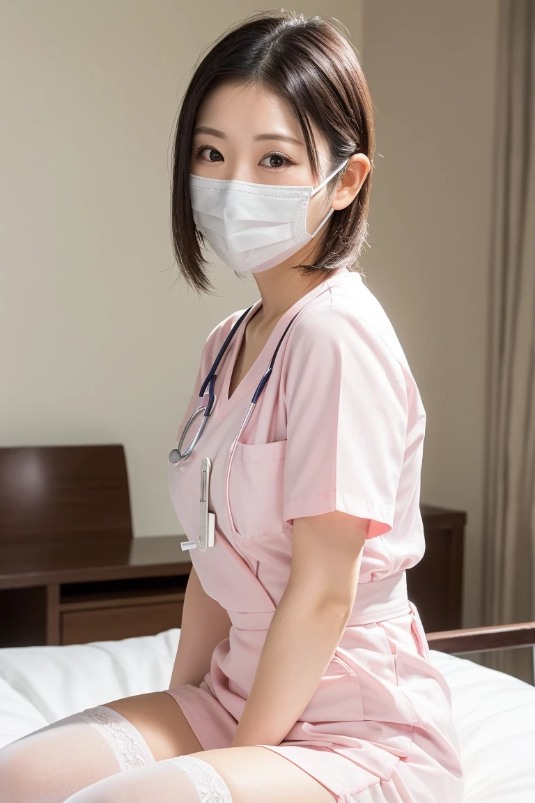 A dark-haired、Wear a mask、Black tabby glasses、short-cut、Colossal tits、Light blue nurse clothes、Emphasis on the buttocks、Eyes that laughed、In the hospital、Hospital Room