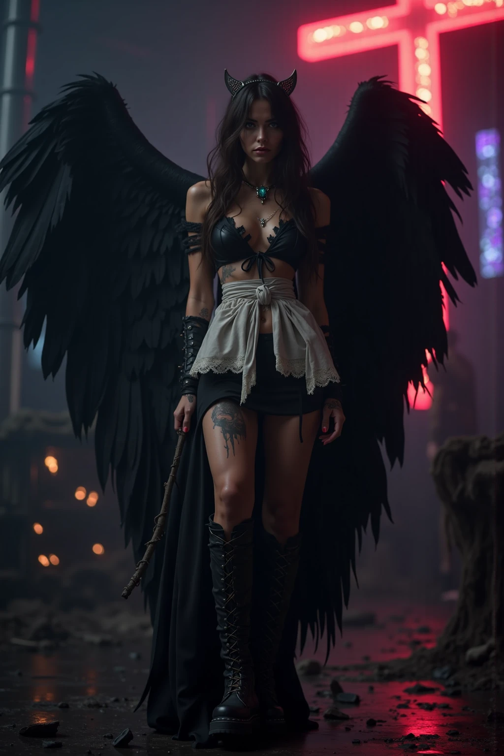 ultra-realistic angelic figure: angel with black wings spread triumphantly, a gloomy, dark smoke setting, baphomet pose