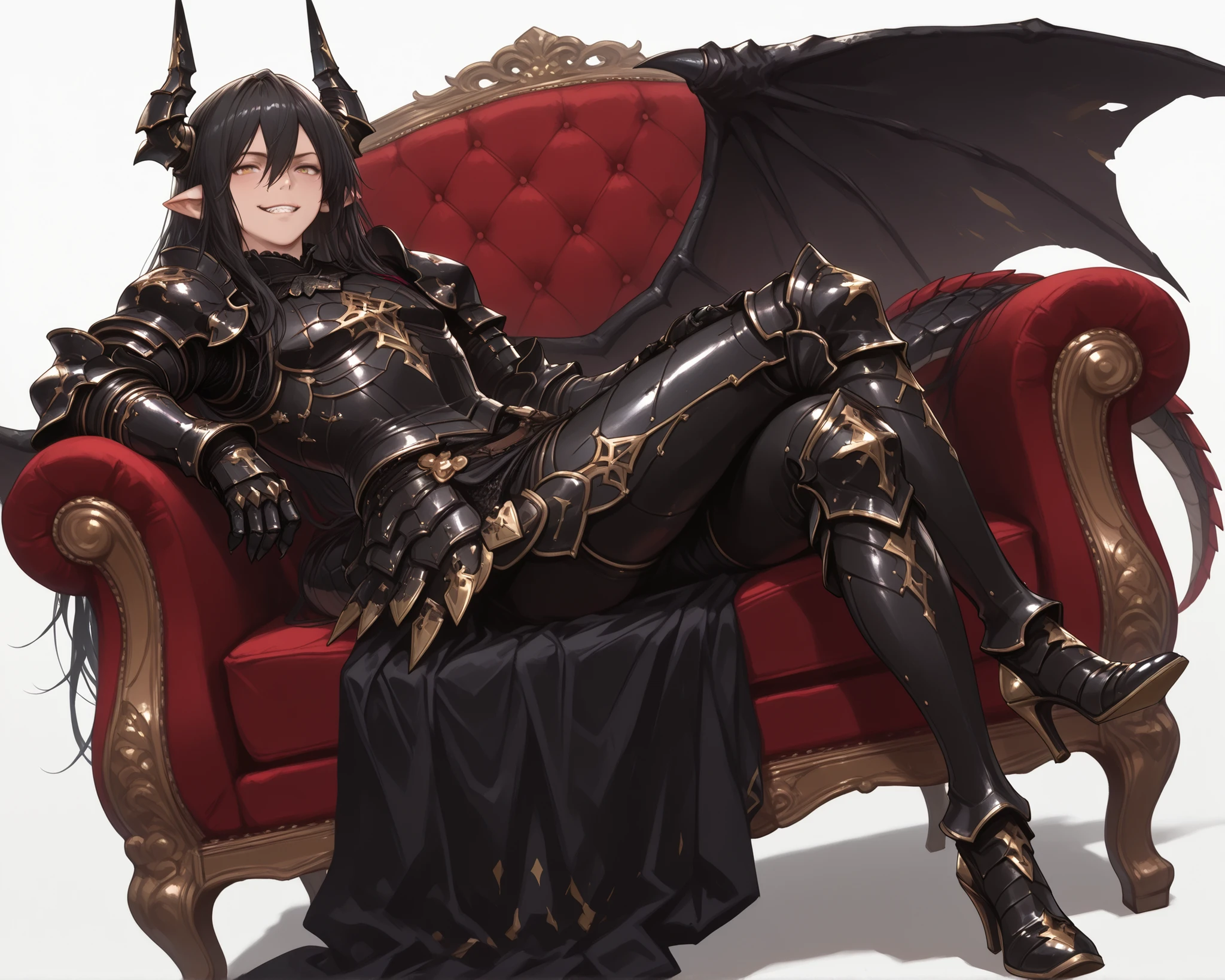 score_9, score_8_up, score_7_up, absurdres, (((128K Ultra High Resolution))), (masterpiece, best quality: 1. 5), (high definition: 1, 4), (highres), 8K wallpaper, (excellent graphics: 1. 5), CG, (((Japanese Anime style))), (Granblue Fantasy), (1 male), solo, (lean body, masculine), weredragon, glossy black, shiny black leather, ((beautiful golden eyes, finely detailed eyes, bright eyes, slit pupils)), hair between eyes, black hair, long hair, sideburns, wild hair, (sly grin, sinister grin, smirk), teeth, confident, (((ultra detailed face))), shiny skin, long pointy ears, twisted torso, long-legged, sculpted face, wasp waist, dragon horn, dragon tail, dragon wings, dragon sharp claws, (black armor with a lot of grandiose decorations: 1. 5), half dragon half human, (sit cross-legged, closed legs, sit sideways, luxury antique red plush velvet chair: 1. 5), (dramatic angle, dynamic pose: 1. 5), (ultra detailed black armor, well-polished black armor: 1. 5), (gold-adorned armor: 1. 5), all black outfit, full body, emphasize face, sharp focus, good-looking man, (best illustration, highly detailed artwork: 1. 5), (cinematic), dramatic lighting, (intricate detail, extreme detailed, super detailed: 1. 5), (stark contrast, heavy shadows: 1. 3), detailed black decorations, beautiful and aesthetic, photoreal, (from side), (mysteriously crafted black metal armor: 1. 5), thick & luxuriant hair, (ultra detailed fantasy black armor, wonderful black armor: 1. 5), (realistic metal texture), broad shoulder, true-to-life visuals, artistically refined, (extremely delicate & beautiful armor, elaborate armor details: 1. 5), (giant black armor, dark armor, stylized armor: 1, 5), (((armor-type high heels))), (extremely detailed armor with intricate engravings, intricate armor with gold ornaments: 1. 5), ((very gorgeous & dazzling)), (dark fantasy black knight: 1. 5), slim waistlines, wide chested, sinewy body, (Hyper Detailed & Perfectly Designed Black Armor: 1. 5), (simple white background)