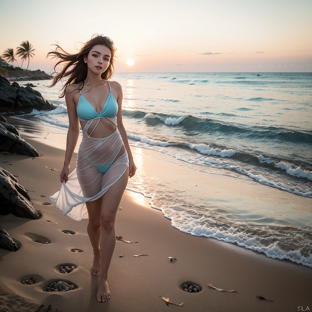 [[((A highly attractive young woman with a captivating presence, embodying the essence of Allurist:1.6)), standing confidently at the shoreline of a tropical beach with a bright sun overhead, symbolizing the concept of being magnetic in design and brightening your light. She is posing in a chic bikini that highlights her elegance and confidence:1.6)). The setting includes the sparkling blue ocean, soft golden sand, and a clear sky with the sun casting a radiant glow. The background features the expansive beach with gentle waves, captured with professional lighting that enhances the natural beauty and vibrancy. The image is in ((8K resolution:1.5)) with ((hyper-realistic detail:1.6)). The focus is on the woman standing by the water, exuding a magnetic allure in a stunning beach setting.]]
