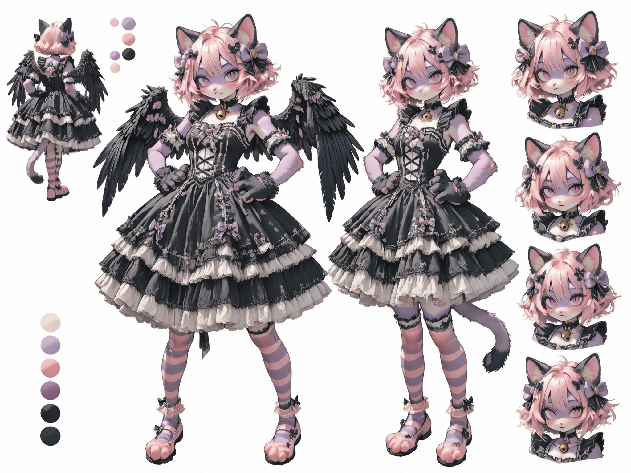 detailedanimegirl, Super cute cat girl with pink inner ears and purple bow decoration,dark-angel-attire,black angel wings,,furry Suits large expressive anime-style eyes on the costume head, fluffy pink and purple fur gloves with pink paw pads,(elaborate black gothic dress with multiple tiers of ruffles and white lace trim, pink ribbon accents throughout the dress, white petticoat underneath creating voluminous silhouette, small decorative bows and pale pink flower accessories on the dress, purple striped knee-high socks, pink shoes with bows, golden bell collar accessory, standing in playful pose , (raising paws pose),(hands on hips), white background, stone pillars, soft lighting, kawaii furry suit fashion combining animal costume elements with sweet gothic style, cool-toned color palette dominated by various shades of white and black accents,reference sheet, simple white background, (color guide:1.2), (multiple views), (full body), dynamic pose,,