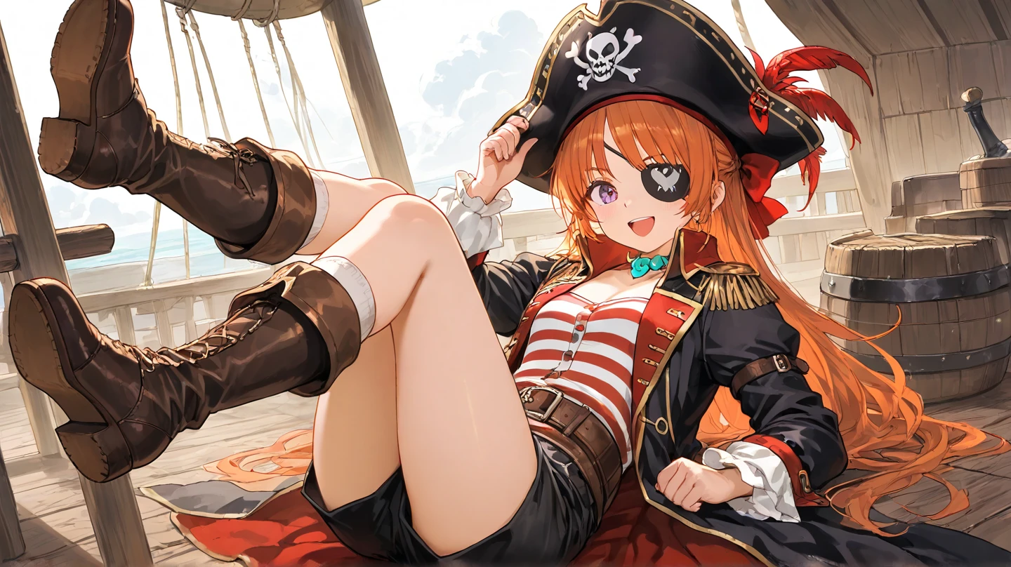 generate style anime nami onepiece unique piece, com cabelos longos laranjados e amarrados, olhos perfeitos e detalhados, seios grandes e decotados, beautiful open legs wearing black boots standing on pirate ship. The image features a high definition 4k HDR resolution.