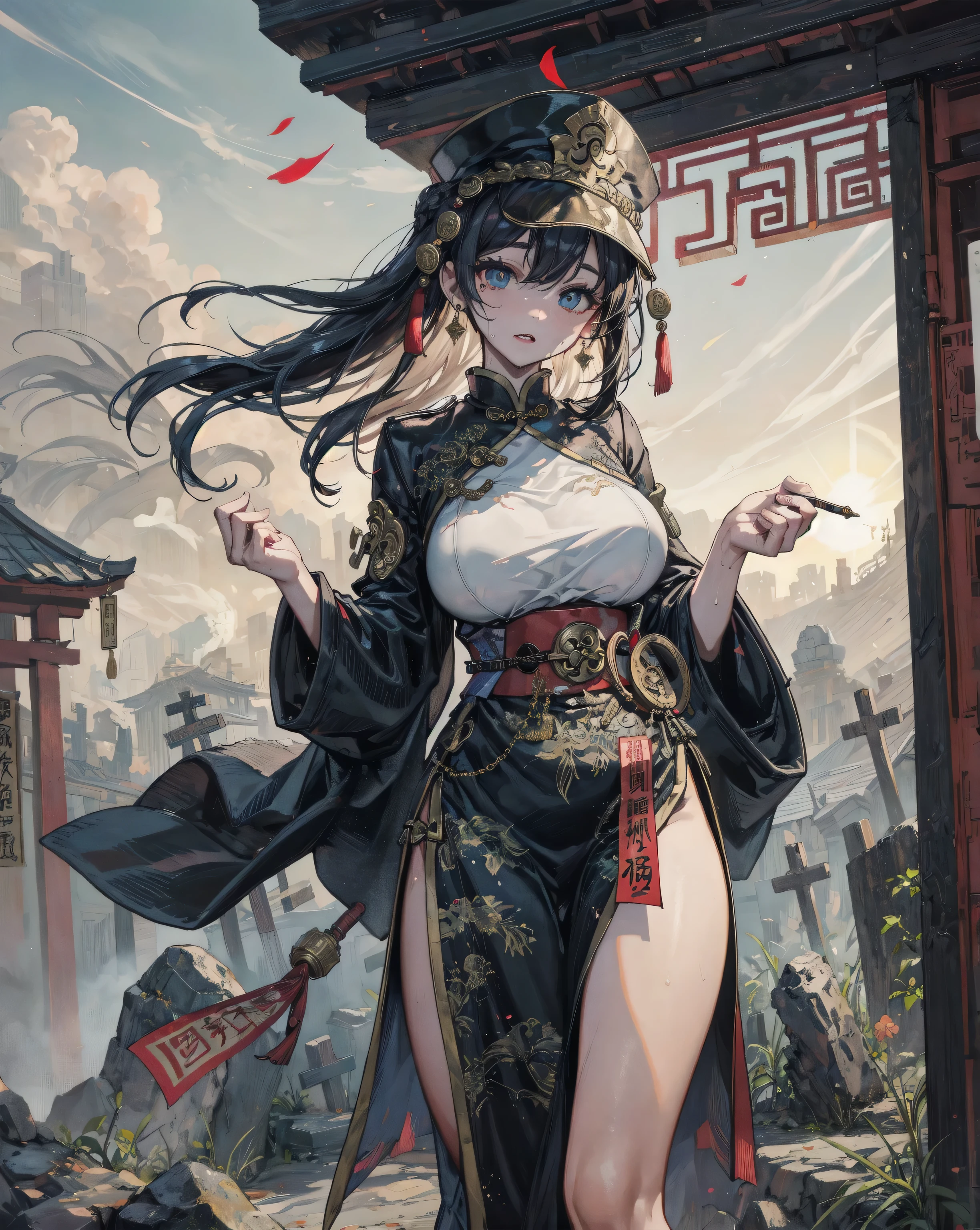 zombie,Chinese style,Clothes are tattered,Large Breasts,,deep mountain,