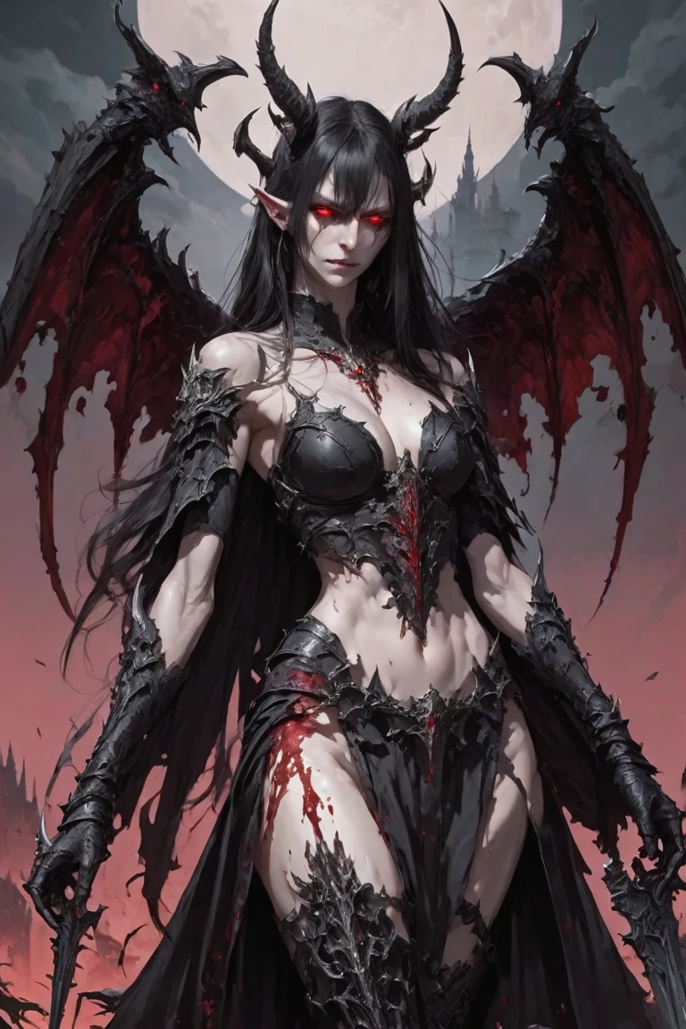 (32K:1.5, Dark fantasy:1.4, Highest quality, masterpiece, Ultra-high resolution), Perfect dynamic composition:1.3, Horror Portrait, chaos, Dark Background:1.3, Prisoner, slave, Obscene lines, Dark Demon World, disaster々Shii, (Detailed tattoos on the whole body:1.4, wearing exquisite jewelry:1.4), Very detailedな肌と顔の質感:1.3, Very accurate, Very detailed, (Sexy succubus demon with big wings:1.3, Incredibly slim body:1.3, 美Shiily、美Shii:1.3), Horn, Fair skin, Sensual posture, ((Properly dressing badly torn clothing:1.3)), Center of chest, (Big eyes that exude 美Shii eroticism:0.4, 激Shii愛撫を感じてください:1.0, Please open your mouth a little, lipstick, Feel the 美Shii eroticism:0.9, Too sexy:0.9, charm的な:0.9), ((Bloody:1.5, Covered in scars:1.5, Body necrosis:1.6, Lots of chains:1.6, Countless chains tangled in clothes:1.6, Chain your right arm:1.5, Chain the left arm:1.5, The right leg is bound with a shackle and chain:1.5, The left leg is bound with a shackle and chain:1.5)), Super long blonde curly hair, Earrings, necklace, bracelet, romantic, mysterious, elegant, Object of admiration, original, dramatic, artistic, Innovative, charm, Heartful, Fancy, sense of openness, sense of cleanliness, special, exciting, Extreme, Tilt, sense of loss, sorrow, sorrowの表現, ((大人のcharm, 女性的なcharm))