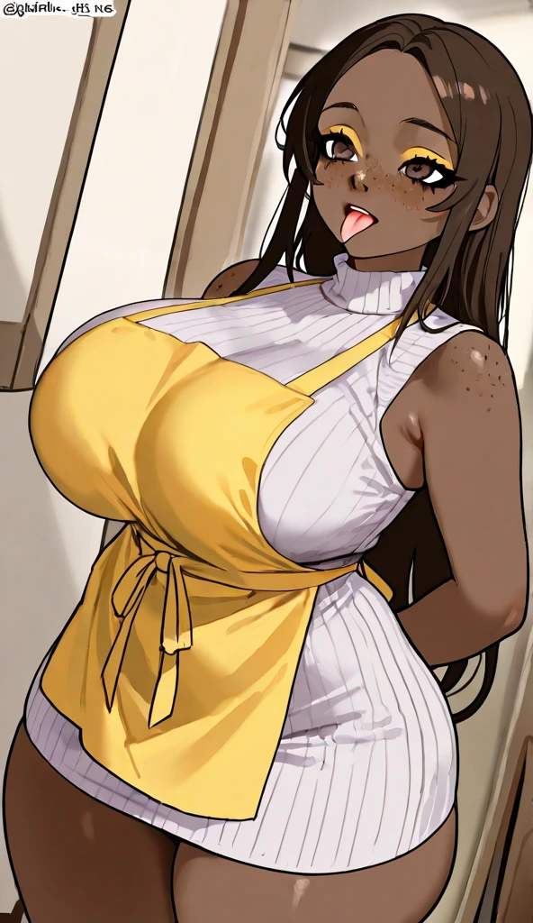 ginger hair, glowing hazel eyes, sultry smile, chubby, big chest, thick thighs, plump arms, double hair bun, orange dress, princess dress, lustrous dark skin,