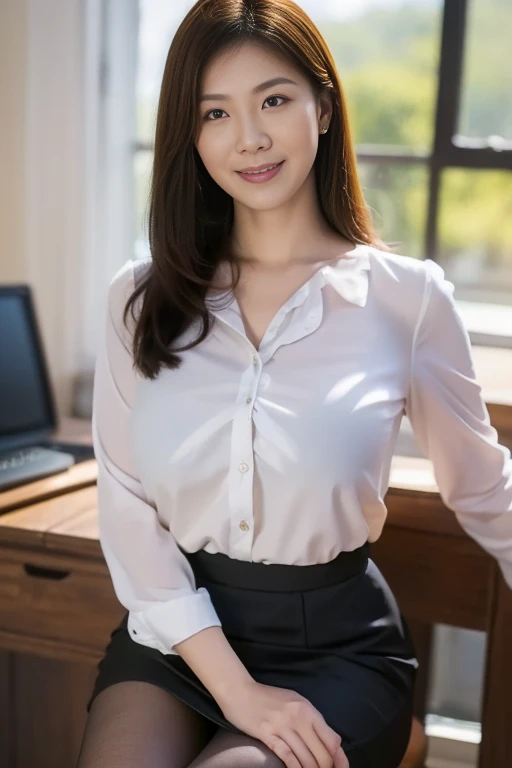 Mature Woman , Highest quality, employment, Detailed face , blouse , smile