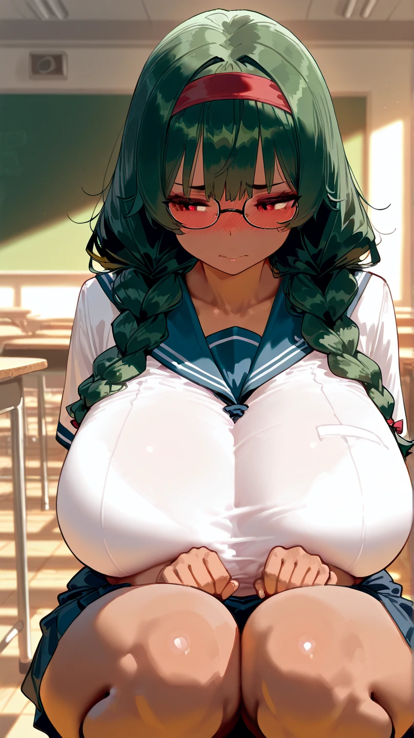 cute,(アニメ),green hair,skinny,woman,gigantic sagging breasts,yang,seifuku,Stand Up,cum on breast