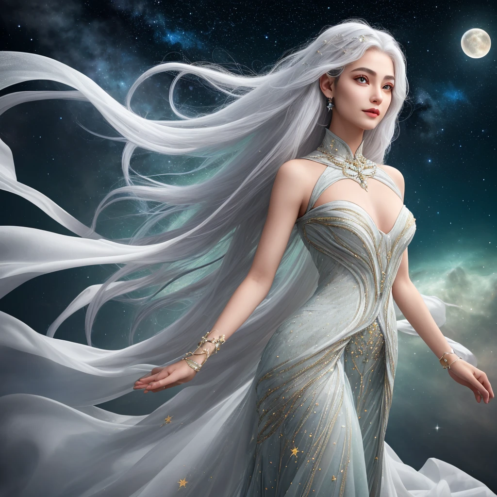**Digital art image of a stylized, ethereal figure of a beautiful woman wearing a flowing dress of fine silver threads. The design is centered with the figure standing against a dark, gradient background that transitions from black to grey. The woman has long, flowing hair that blends seamlessly with the fine silver threads of her dress, creating a sense of movement and fluidity. Her facial features are not detailed, giving her an abstract, otherworldly appearance. Streaks of light emanate from her body, creating a dynamic, radiant, monochromatic, luminous effect**