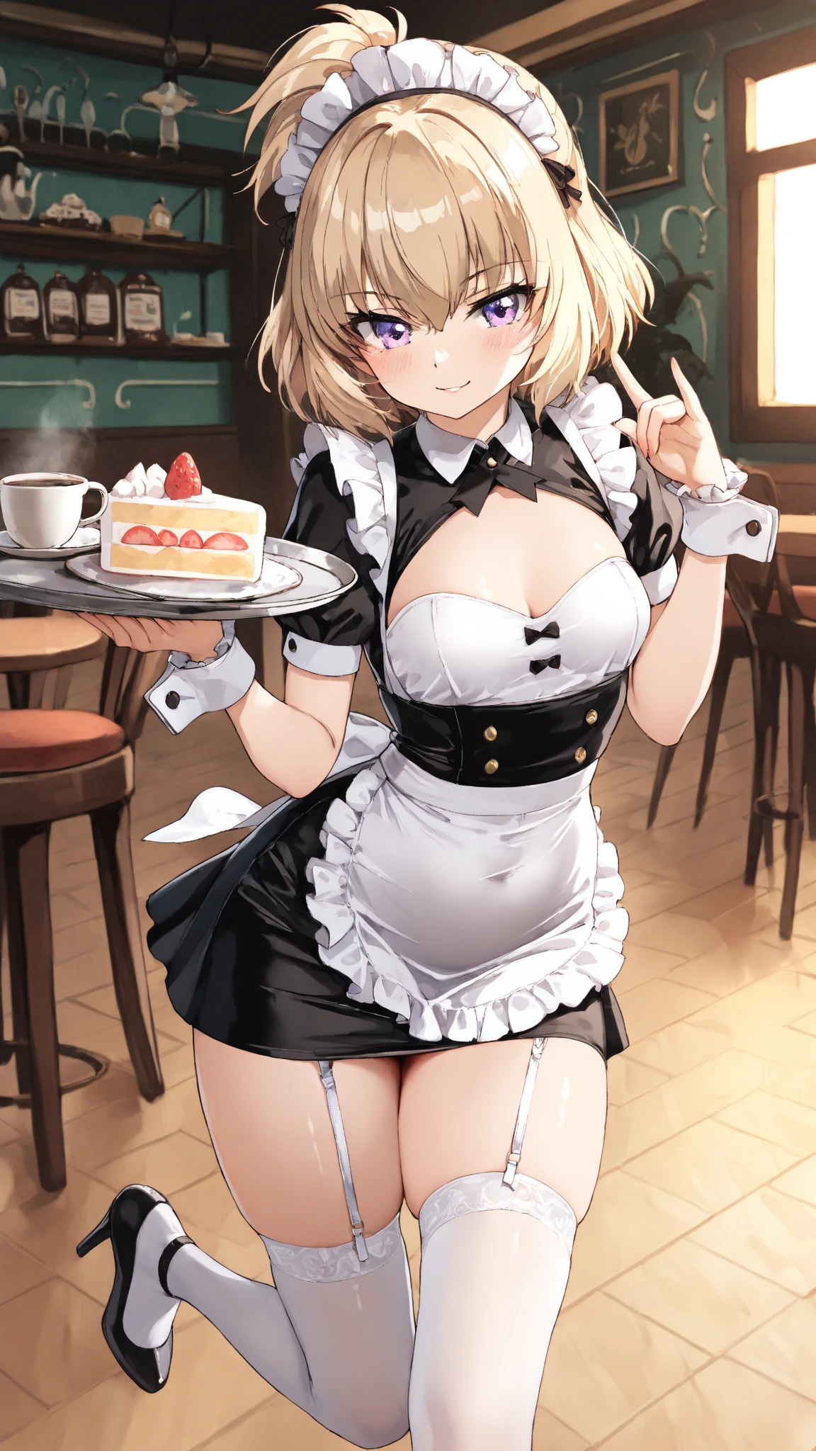 masterpiece, best quality, solo, 1girl, chisato nishikigi, looking at viewer, light smile, closed mouth, blush, embarrassed, medium breasts, playboy bunny, rabbit ears, black pantyhose, red bowtie, wrist cuffs, black leotard, holding tray, cake, cafe, coffee, sitting on sofa, crossed legs, cafe shop, full body