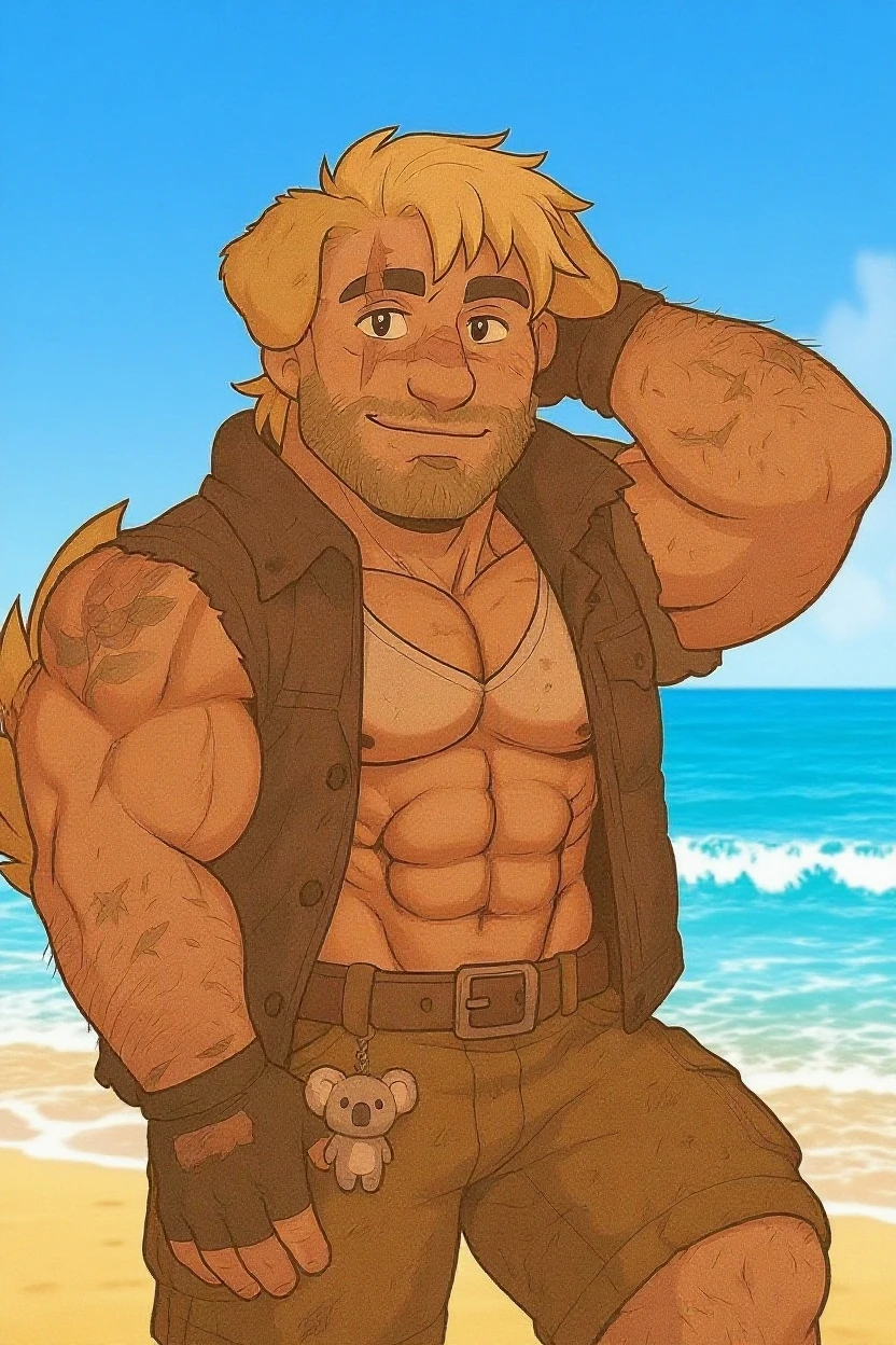 solo, male, tan color horse, muscular body, yellow long hair mane, large body, thick thighs, topless, blue bottom-wear, blue tight jeans, brown boots, (brown cowboy boots), detailed body, detailed bulge, long large bulge, penis outline, standing, hand behind the head, at a beach, full-body pose, looking at viewer, high detailed, masterpiece, outside of a barnhouse background, flat color, pen and ink style, author by: Meesh