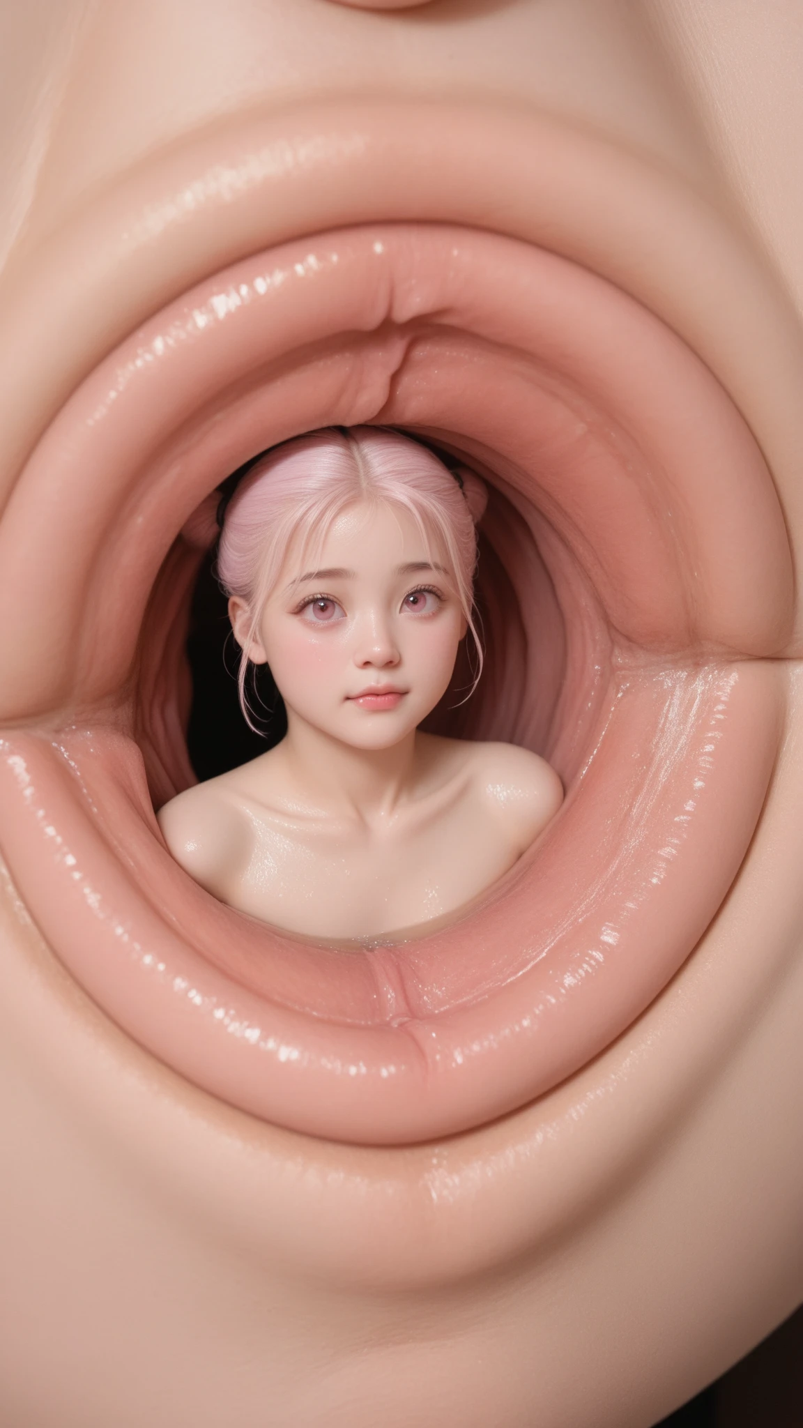 (Highest quality, masterpiece:1.3, Ultra-high resolution), (Very detailed), (Realistic:1.4, RAW shooting), ((operating:1.4)), ((the body is slim)), girl, Japanese, cute, Straight Long Hair, Big Breasts, Turn your body forward, (View from the front:1.1), Looking into the camera, focused on the chest, Light brown hair, ((Black choker)), Very long and bushy eyelashes, blue eyes, bangs、Operation, nurse, operating, ((operating room)), Medical equipment, Incredibly long red tongue, Horror、Scary face、Attacking woman
