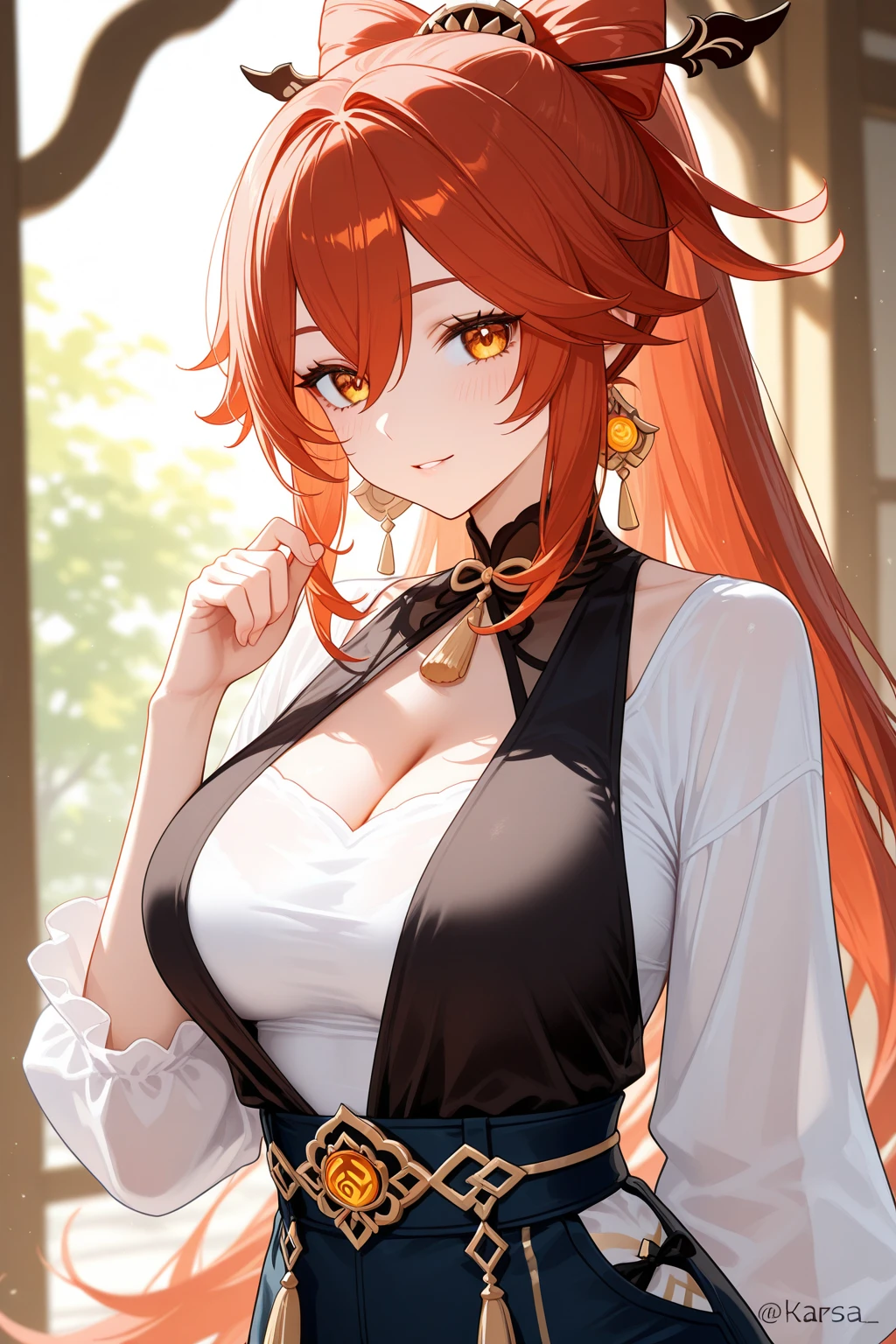 lsls style, incredibly absurdres, best quality, detailed illustration, digital art, looking at viewer, standing cowboy shot, mature female character, 1girl, looking at hand, gold eyes, huge breasts, underbust, cleavage, (hair over eyes, side ponytail:1.4), orange hair, gradient hair, wearing collared shirt and sarong, hair weapon and no hat, outdoors and (ashes in the air:1.2), finely detailed background, amazing background