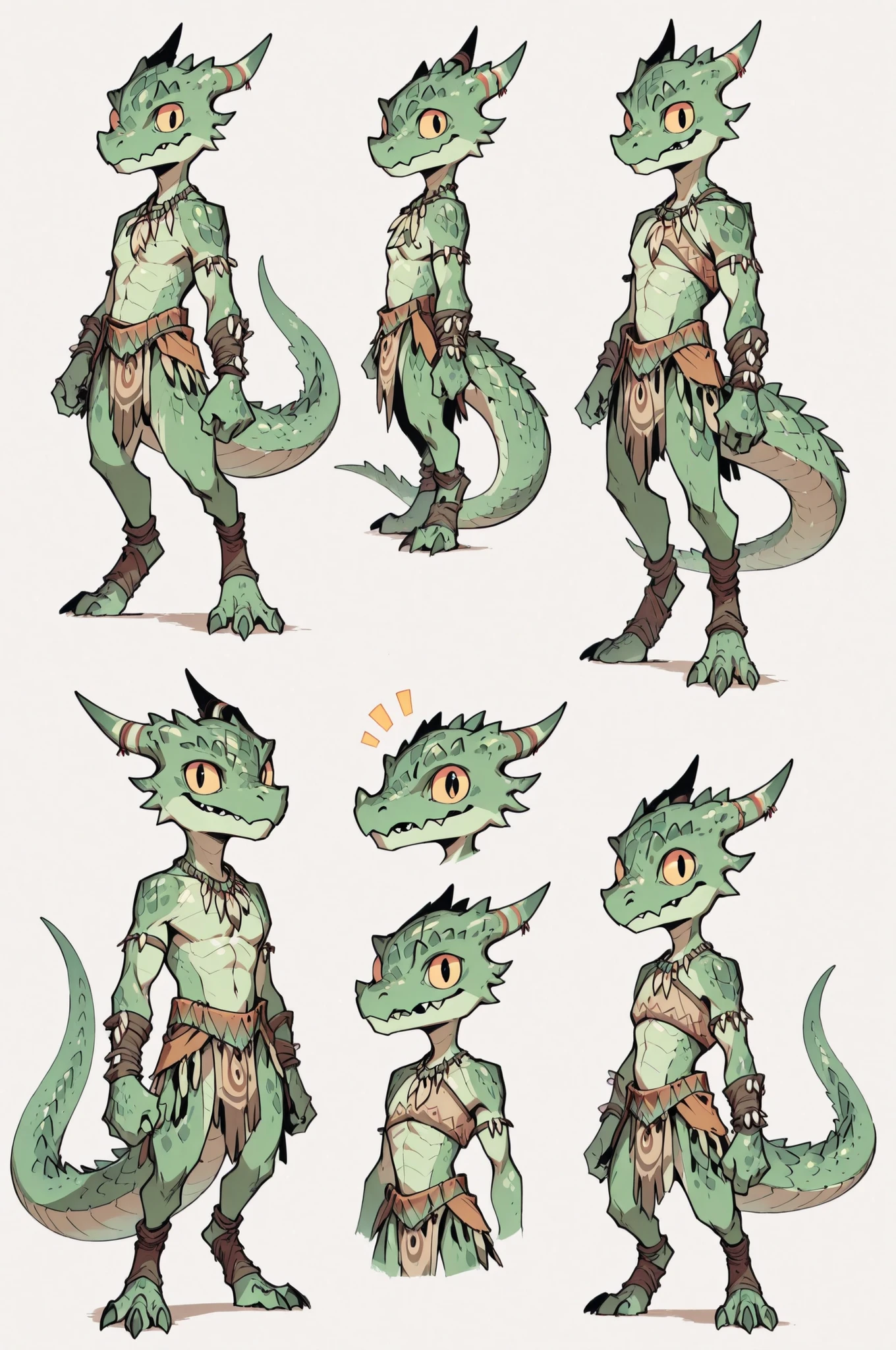 Three( male, green skin, green scales, (((Kobold)), (detailed kobold)) wearing a adventure equipament , a tribal clothes , character design,