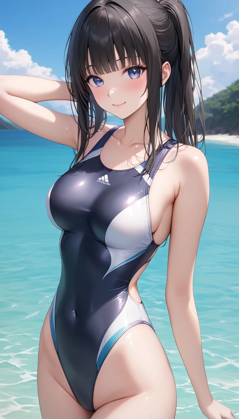 ((masterpiece,best quality,ultra detailed,high resolution)),(daytime,clear weather,front light),((solo,beautiful-woman)),(black hair,straight hair,himecut),(beautiful detailed face,beautiful detailed eyes),(finely detailed skin,fair skin),slender,light smile,(navy competition swimsuit),(on the beautiful lake,beautiful sky),(medium breast,perky breast),