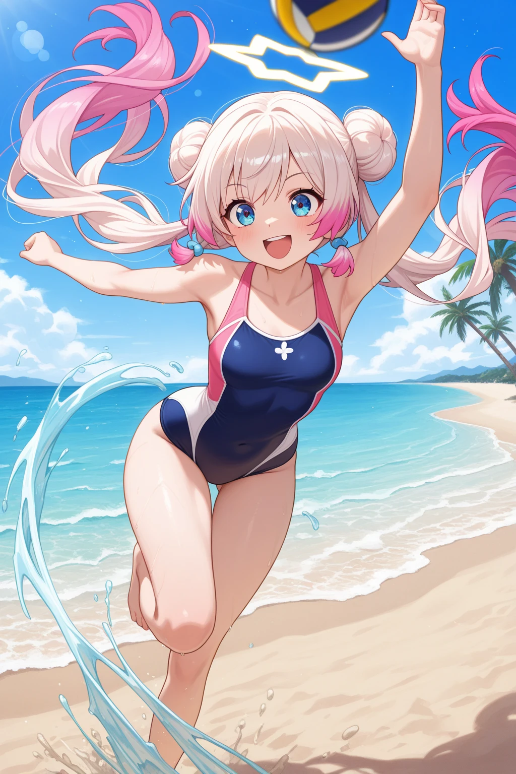 ((4K, ​master piece, Best Quality)), Cute little girl s,Wind,pale blond hair, Blue eyes,very long twintails,Blue sky,Laugh,double tooth,Closed eyes,Looking at Viewer,Lens Flare, Coastal, swim wears