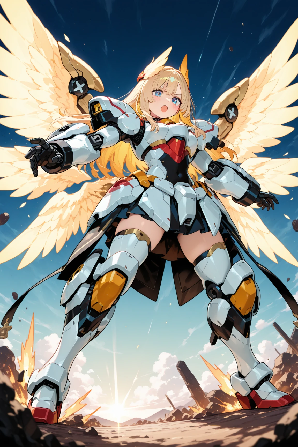 masterpiece, anime screencap, 1 girl, solo, blonde hair, short hair, purple eyes, red cap, armor, bare shoulders, wristbands, red skirt, single wing, mechanical wing, medium breasts, standing, outdoors, full body, cowboy shot <lora:Laila:1>