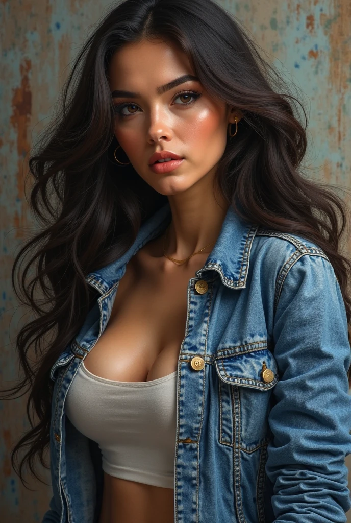 lucy pinder, face portrait, ((Very intense makeup)), ((bright lipstick)), long hair, curly hair, very curly hair, black hair, t-shirt, jeans jacket, cleavage, mustard sleeves, blue jeans, voluptuous woman, smiling