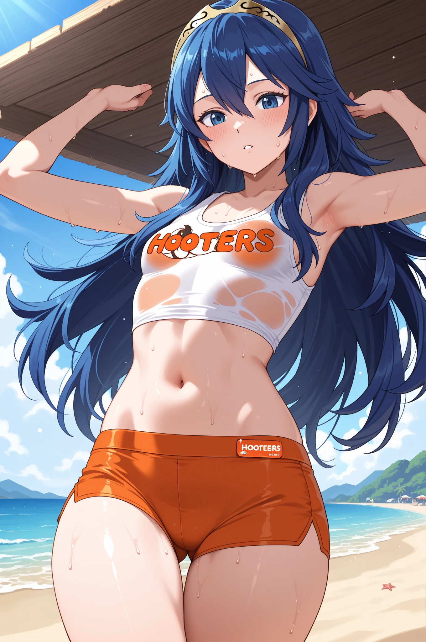 masterpiece, best quality, 1girl, solo, <lora:hooterslucina-fe-richy-v1:1> hooterslucina, orange shorts, long legs, smile,