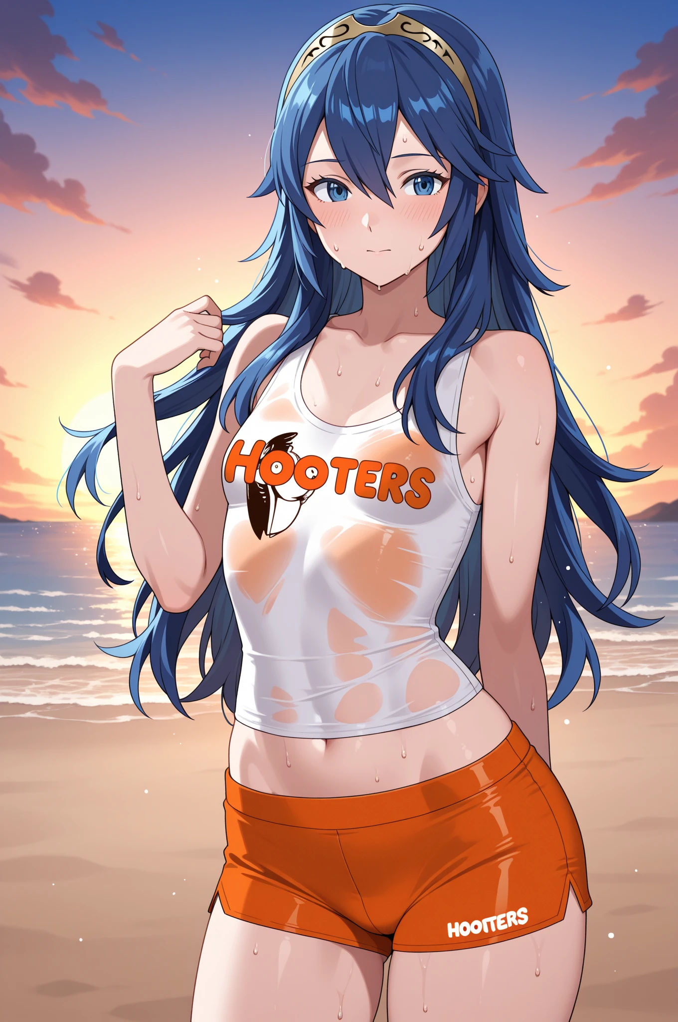 hooterslucina, orange shorts, pantyhose, cleavage, beautiful face, smiling, highly detailed, HD