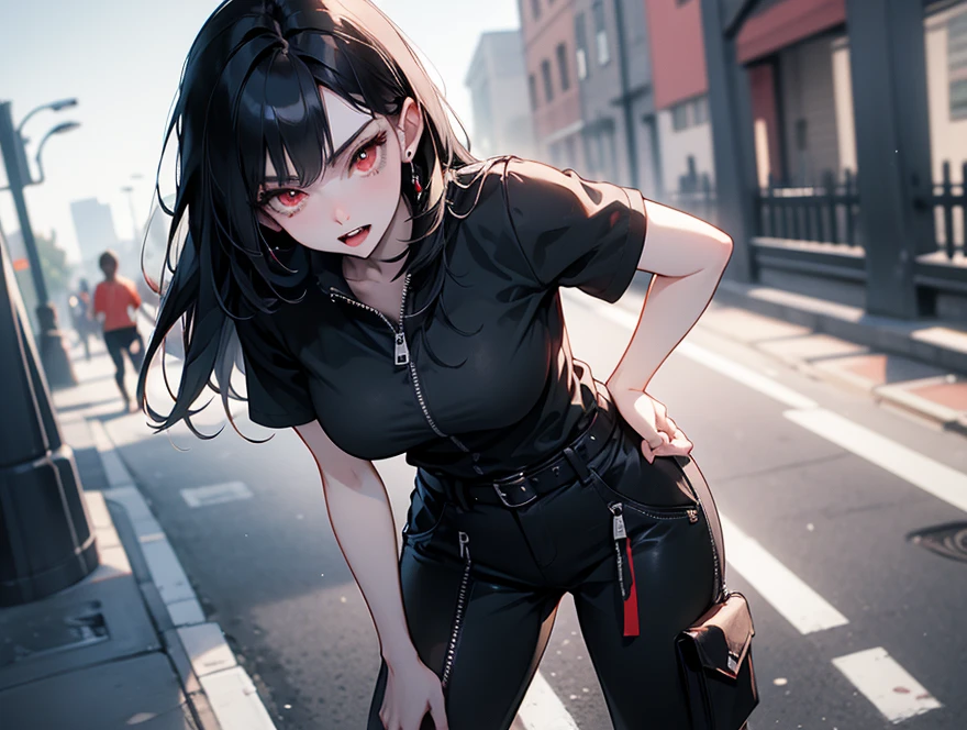 une fille, magnifique, tenue noir, robe avec des collants noirs, corps parfait, yeux rouge, regard froid, regard envoutant, vise avec un sniper sur un toit, style cyberpunk, 3d haute qualité
