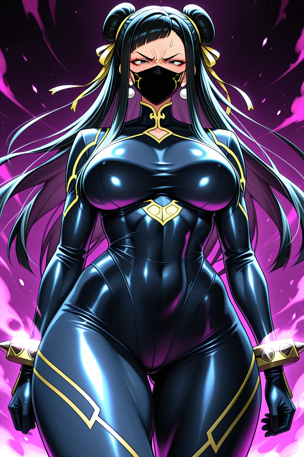 ((8K resolution))、((highest quality))、((masterpiece))、((Super detailed))((((dramatic))), (anatomically correct)、Depth of object being written、look at the camera、one person、one personの女性、front、black hair、Thin but muscular body, defined abs, toned arms, long and thin legs, Athletic Presence,gold earrings、purple eyes、half closed eyes / Bad mood 、tattoo、(theme、whole body:1.1), gold and purple bodysuit、scorpion scissors、(Scorpion tail、Sharp 3-blade),white background