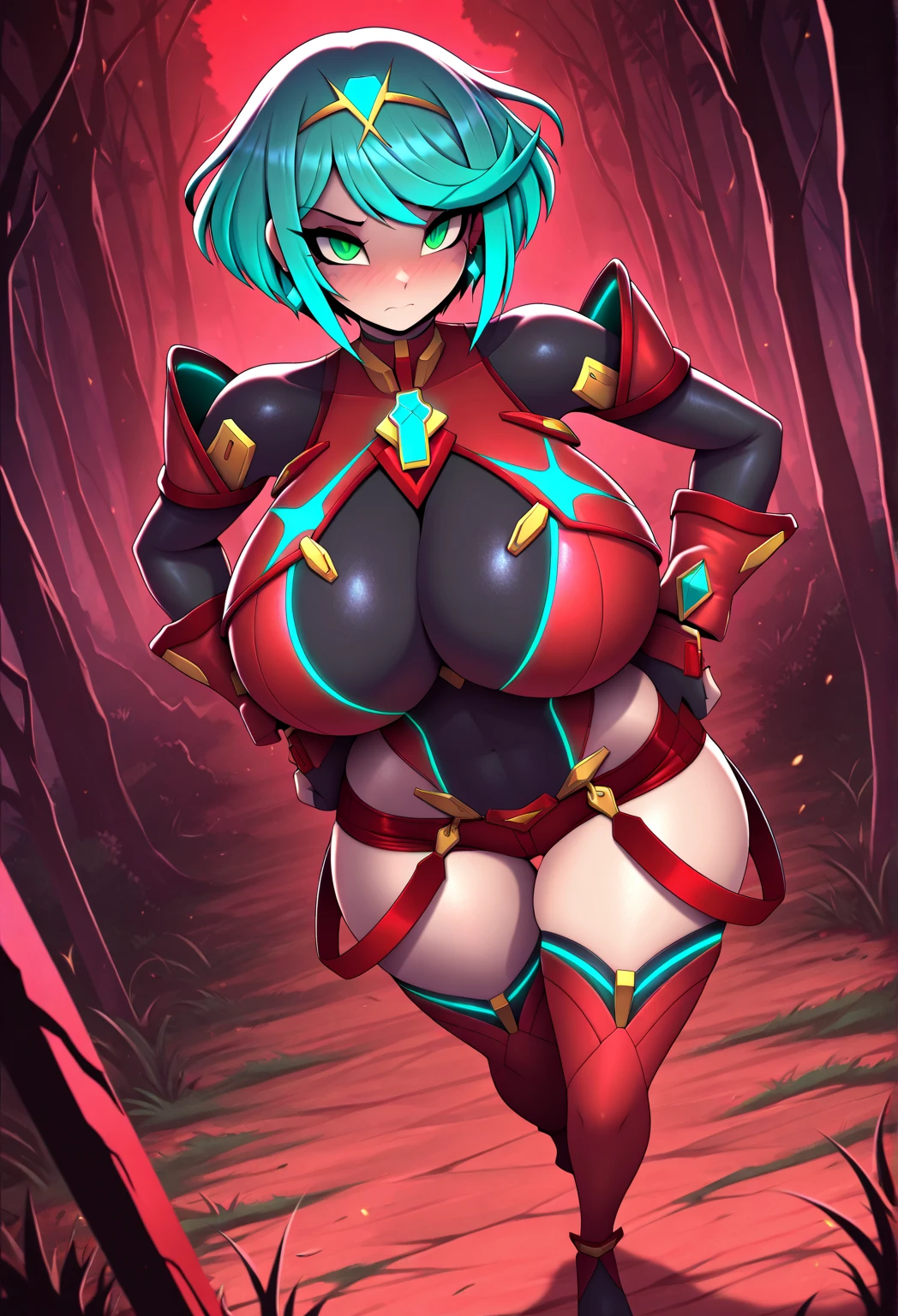 courtney, 1girl, solo, breasts, looking at viewer, smile, short hair, bangs, gloves, ((inside cave)), dress, closed mouth, purple eyes, purple hair, horns, signature, hood, ((holding up breast, crossed arms)), sweater, eyelashes, red dress, clenched hand, red gloves, ribbed sweater, hood up, fake horns, sweater dress, horned headwear, ribbed dress, breast expansion, ((gigantic breasts)), motion_lines, ^^^, trembling, (torn top), BEreaction